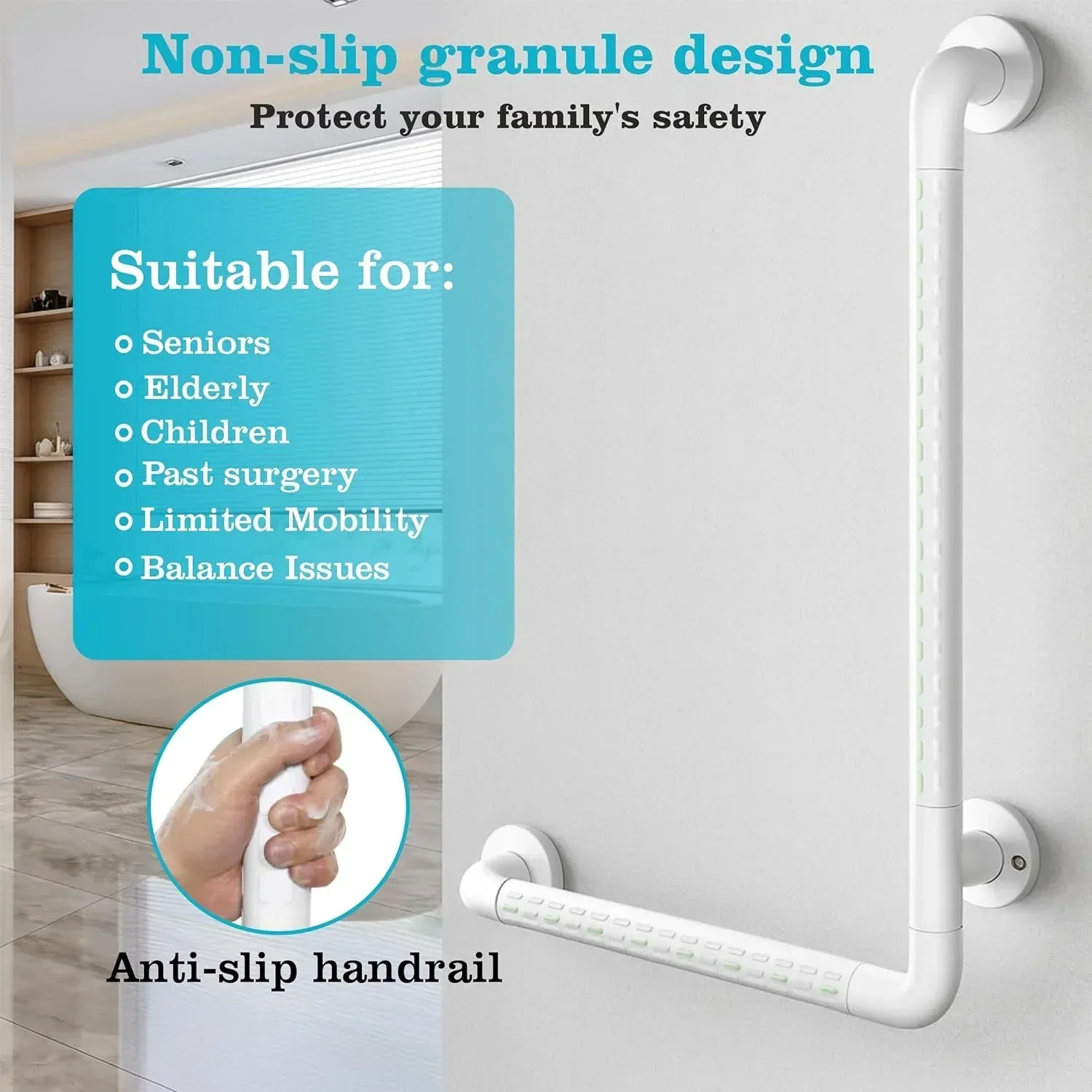 L-Shaped Stainless Steel 90° Anti-Slip Bathroom Grab Bar – White - Image 4