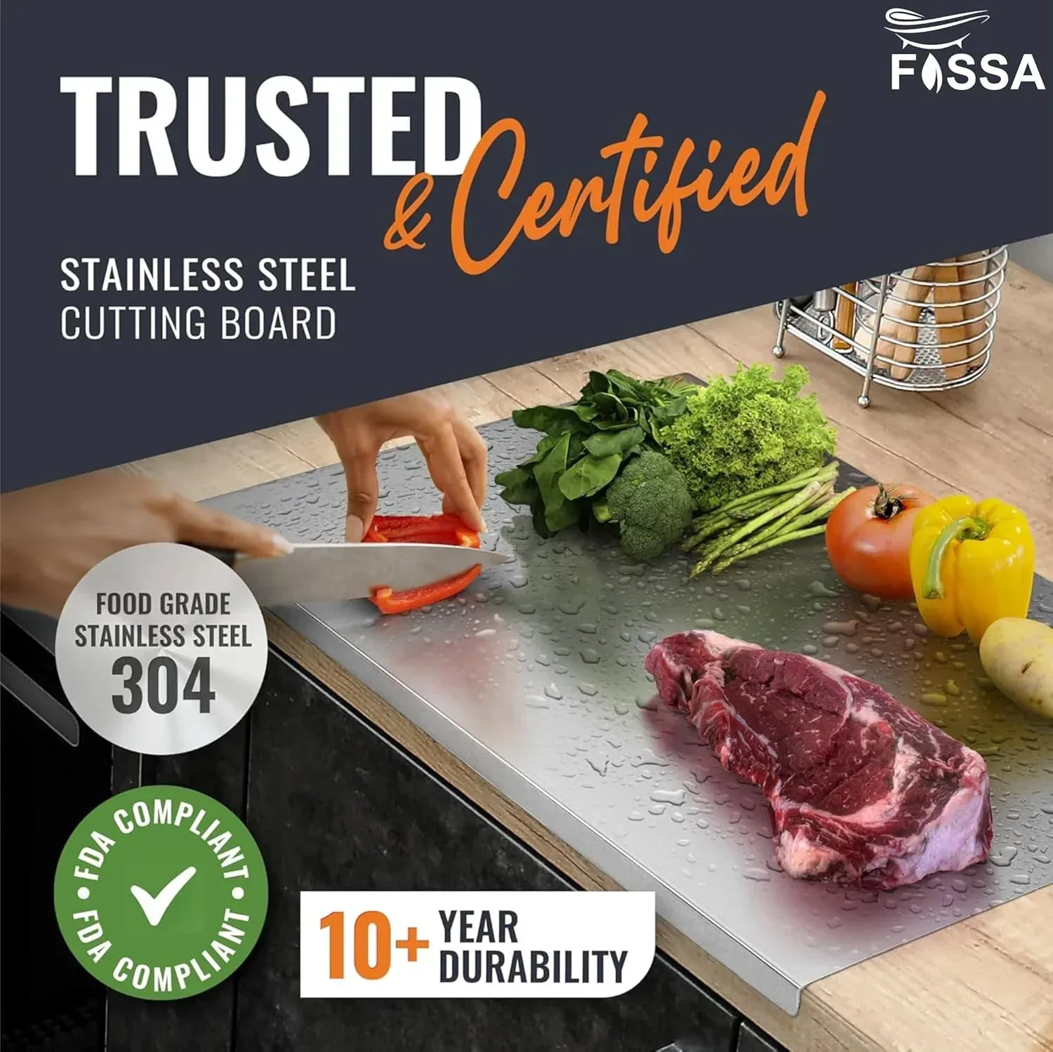 Fossa 15.5"x12"x1" Extra Large 304 Grade Stainless Steel Chopping Board (Silver) - Image 4