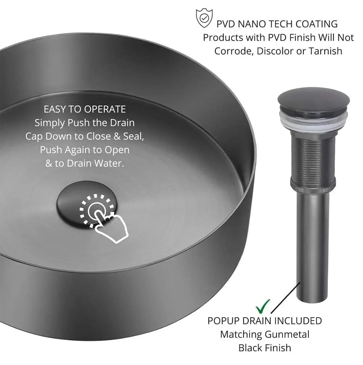 Wash Basin 304 (15x15x4) Inch Black Stainless Steel Table Top For Bathroom - Image 2