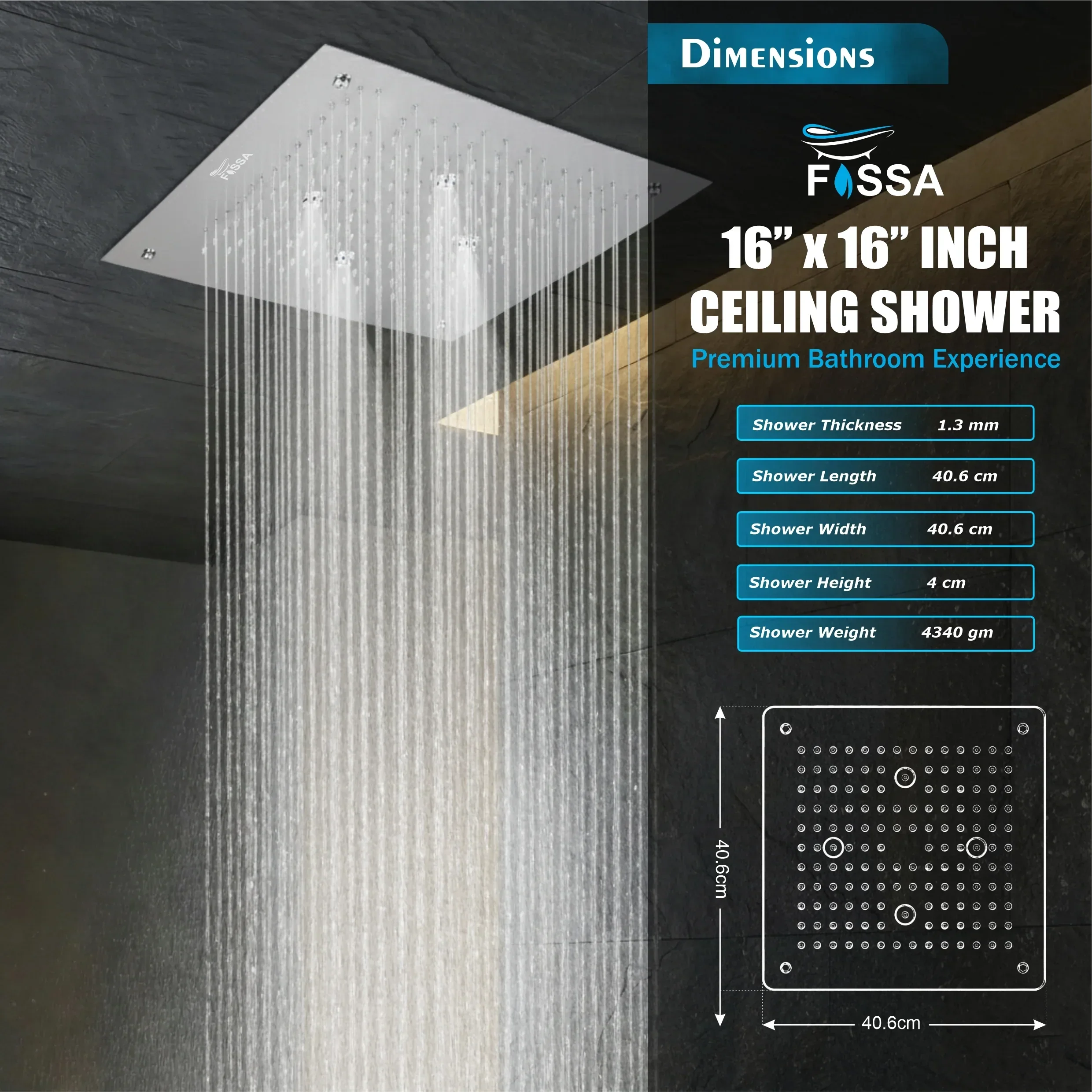 304 Stainless Steel Ceiling Overhead Shower (16x16 Inch) - Image 5