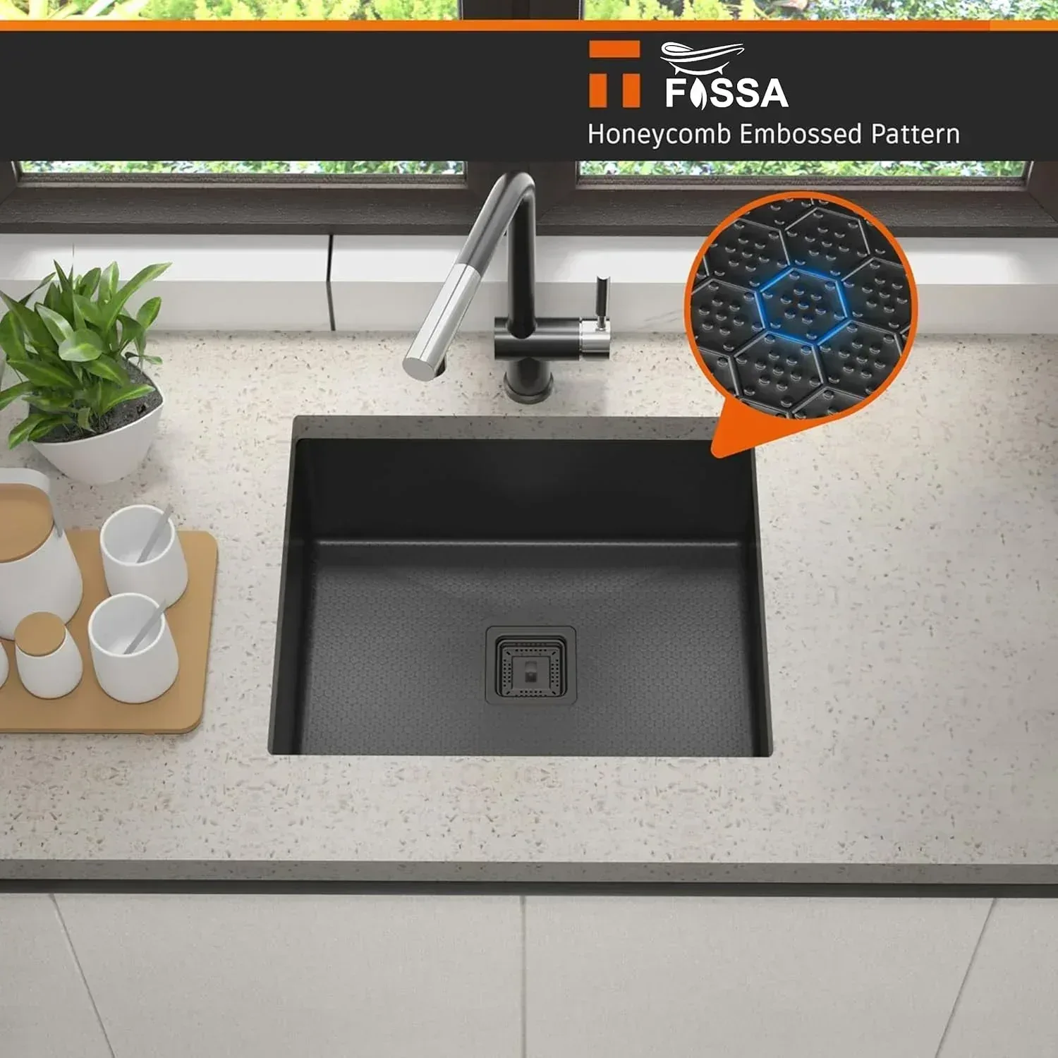 Honeycomb Embossed (18"x16"x09") Inch Single Bowl Black  Kitchen Sink with Nano Coating - Image 6