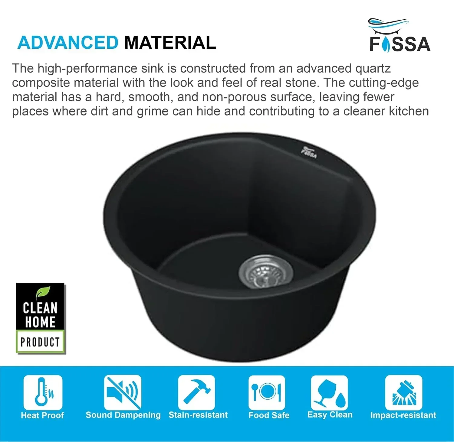 Quartz Kitchen Sink Single Bowl Round Black (18×18x8 Inches) – 10-Year Warranty - Image 5