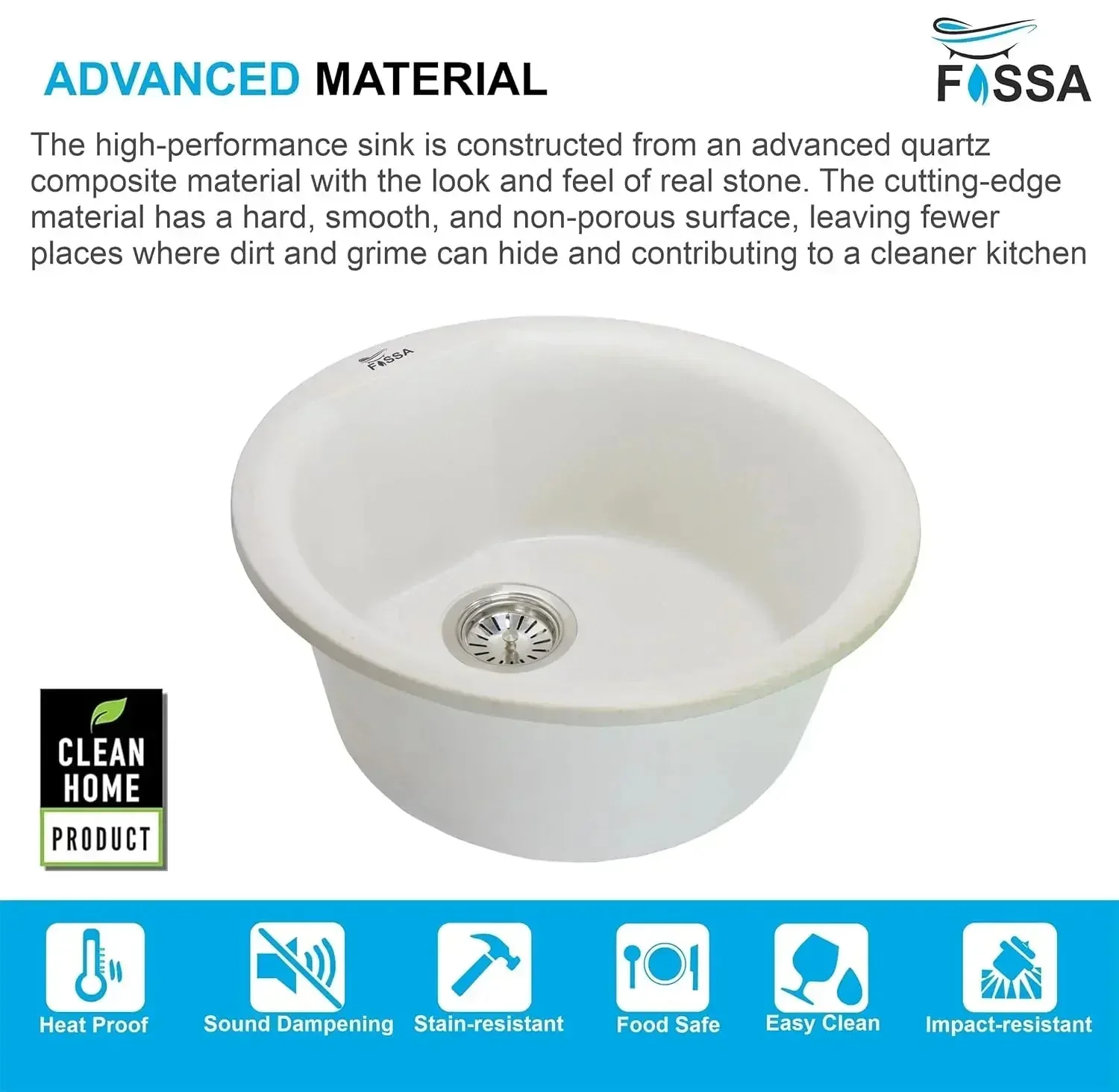 Quartz Kitchen Sink Single Bowl White (18x18x8 Inches) – 10-Year Warranty - Image 2