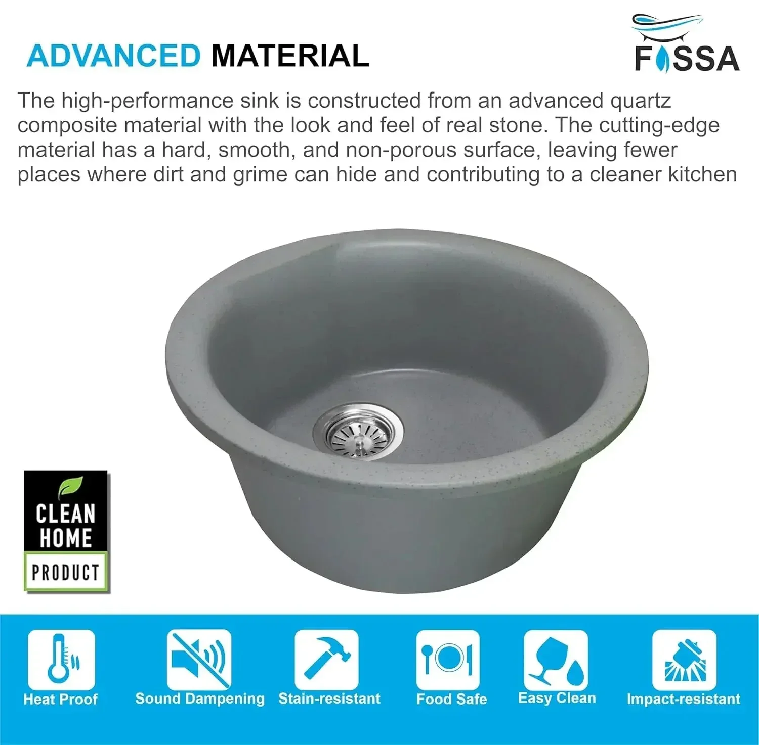Quartz Kitchen Sink Single Bowl Round Grey (18×18x8 Inches) – 10-Year Warranty - Image 2
