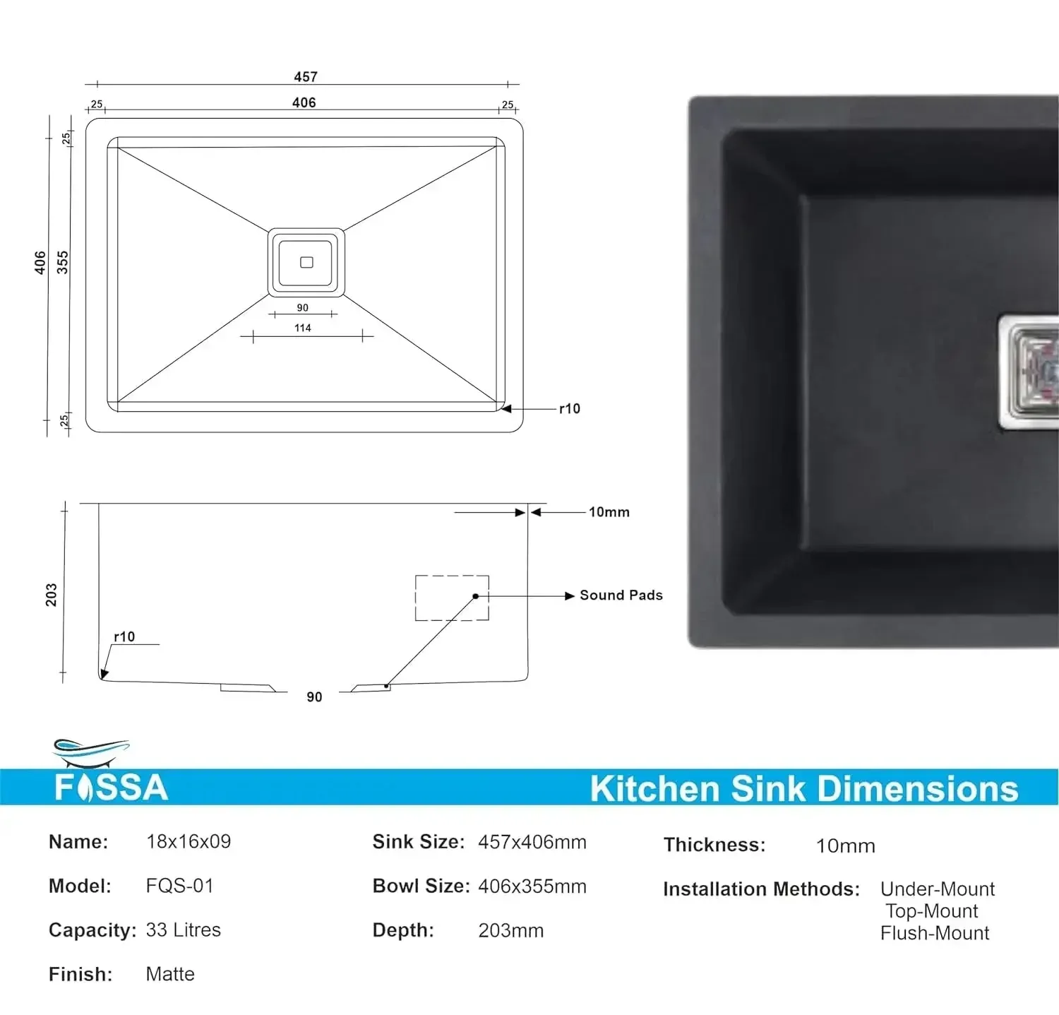 Quartz Kitchen Sink Single Bowl Black (18×16x9 Inches) – 10-Year Warranty - Image 2