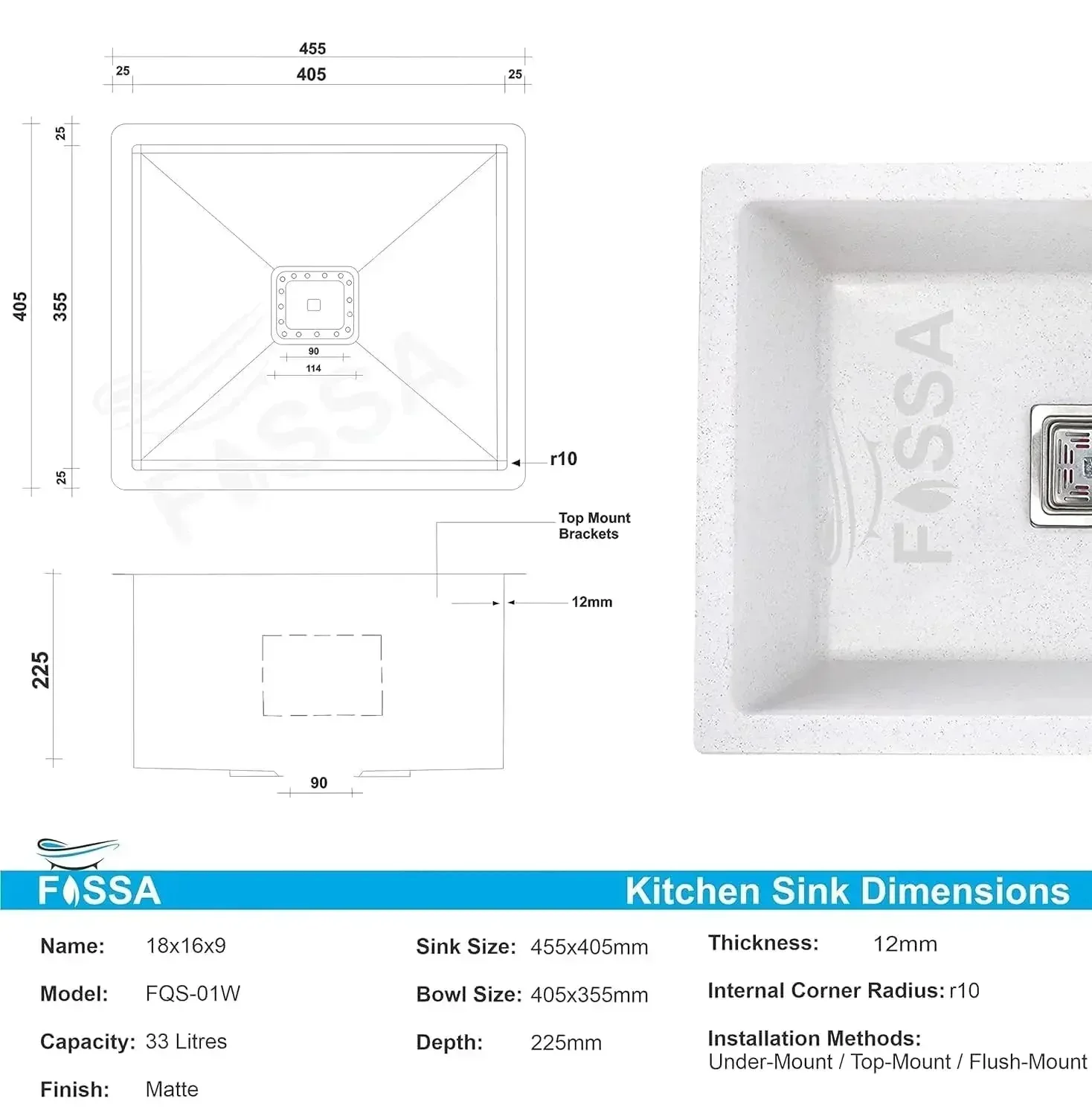 Quartz Kitchen Sink Single Bowl White (18×16x9 Inches) – 10-Year Warranty - Image 2