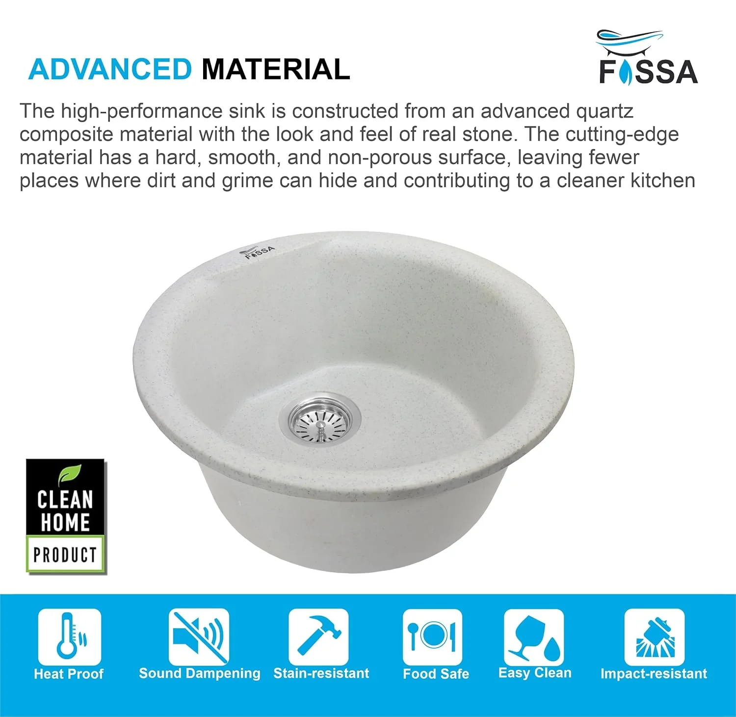 Quartz Kitchen Sink Single Bowl Grey Stone (18x18x08 Inches) – 10-Year Warranty - Image 3