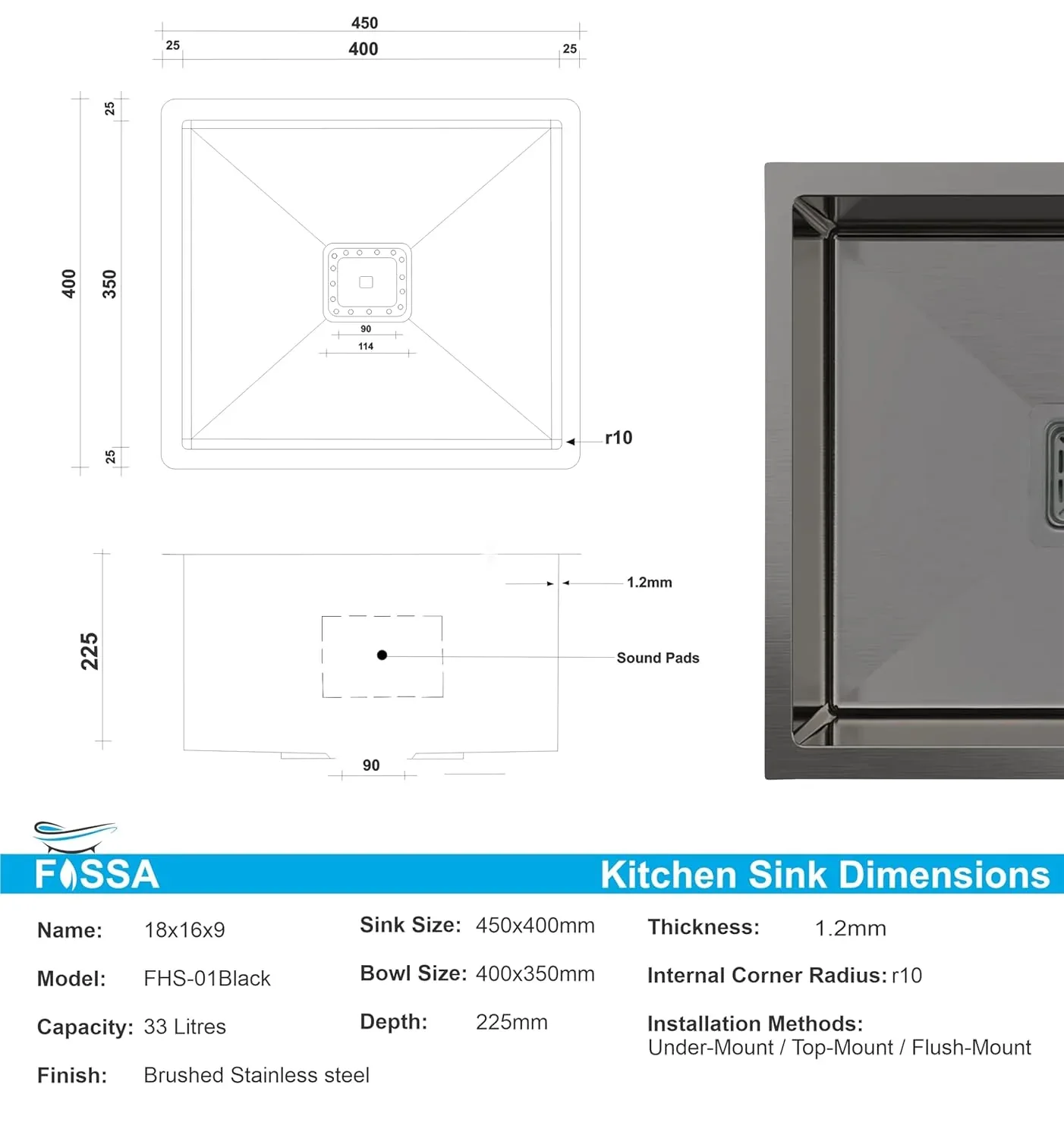 Premium Handmade (18x 16 x 9) Inch Stainless Steel Single Bowl Black Kitchen Sink - Image 2