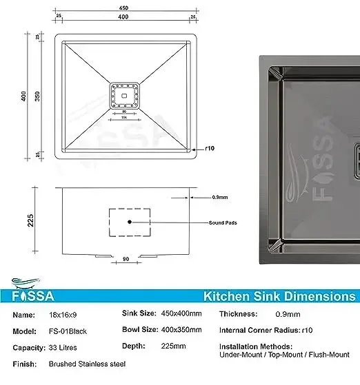 Premium Handmade (18 x 16 x 9) Inch Stainless Steel Single Bowl Black Kitchen Sink - Image 2