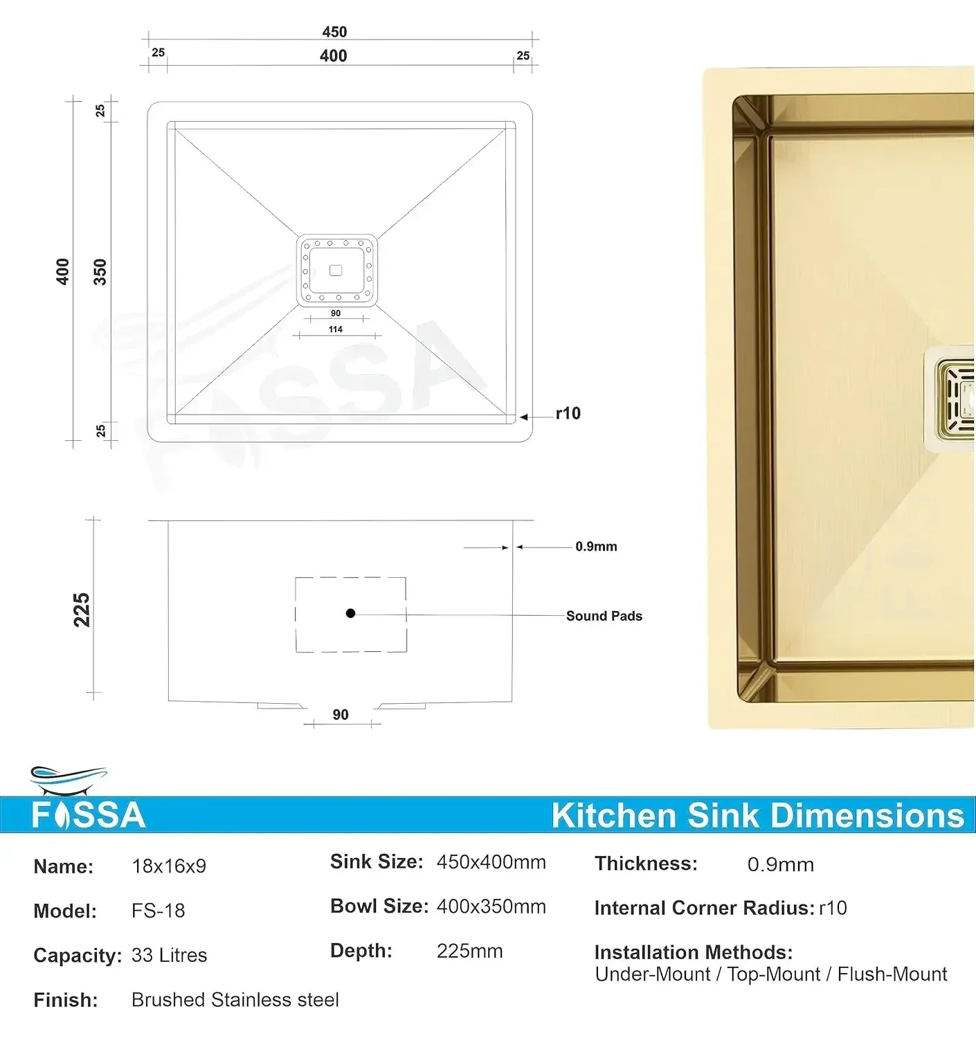 Premium Handmade (18 x 16 x 9) Inch Stainless Steel Single Bowl Gold Kitchen Sink - Image 2