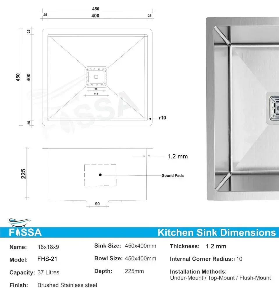 304 Handmade (18x 18 x 9) Stainless Steel Single Bowl  Silver  Kitchen Sink - Image 2