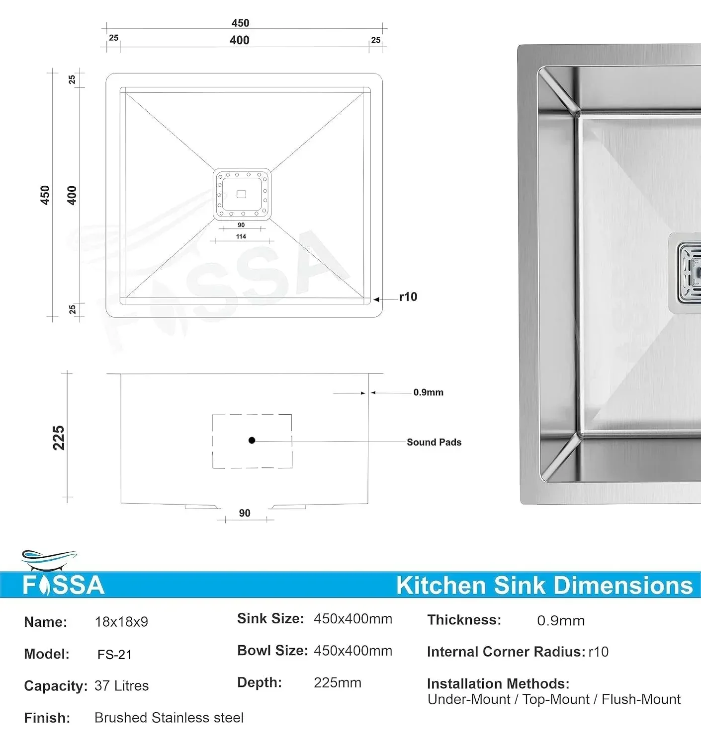 Premium Handmade (18 x 18 x 9) Inch Stainless Steel Single Bowl Silver Kitchen Sink - Image 2