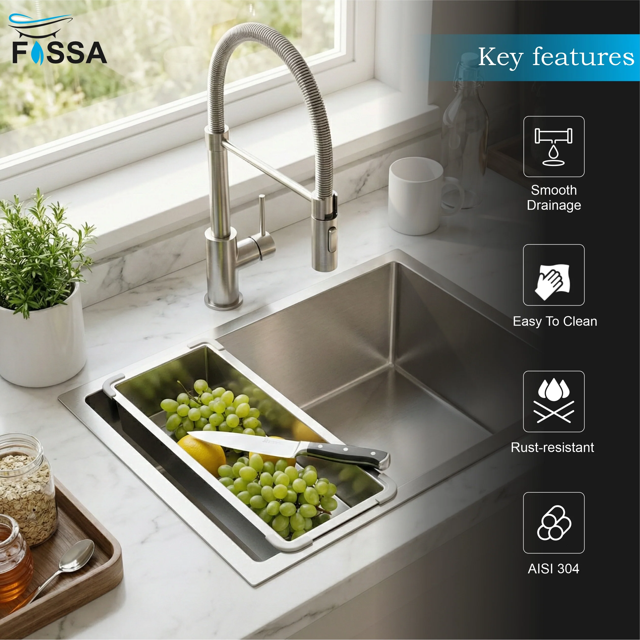 Fossa 19"x4" 304 Stainless Steel Handmade Colander for Single & Double Bowl Kitchen Sink - Matte Silver - Image 3
