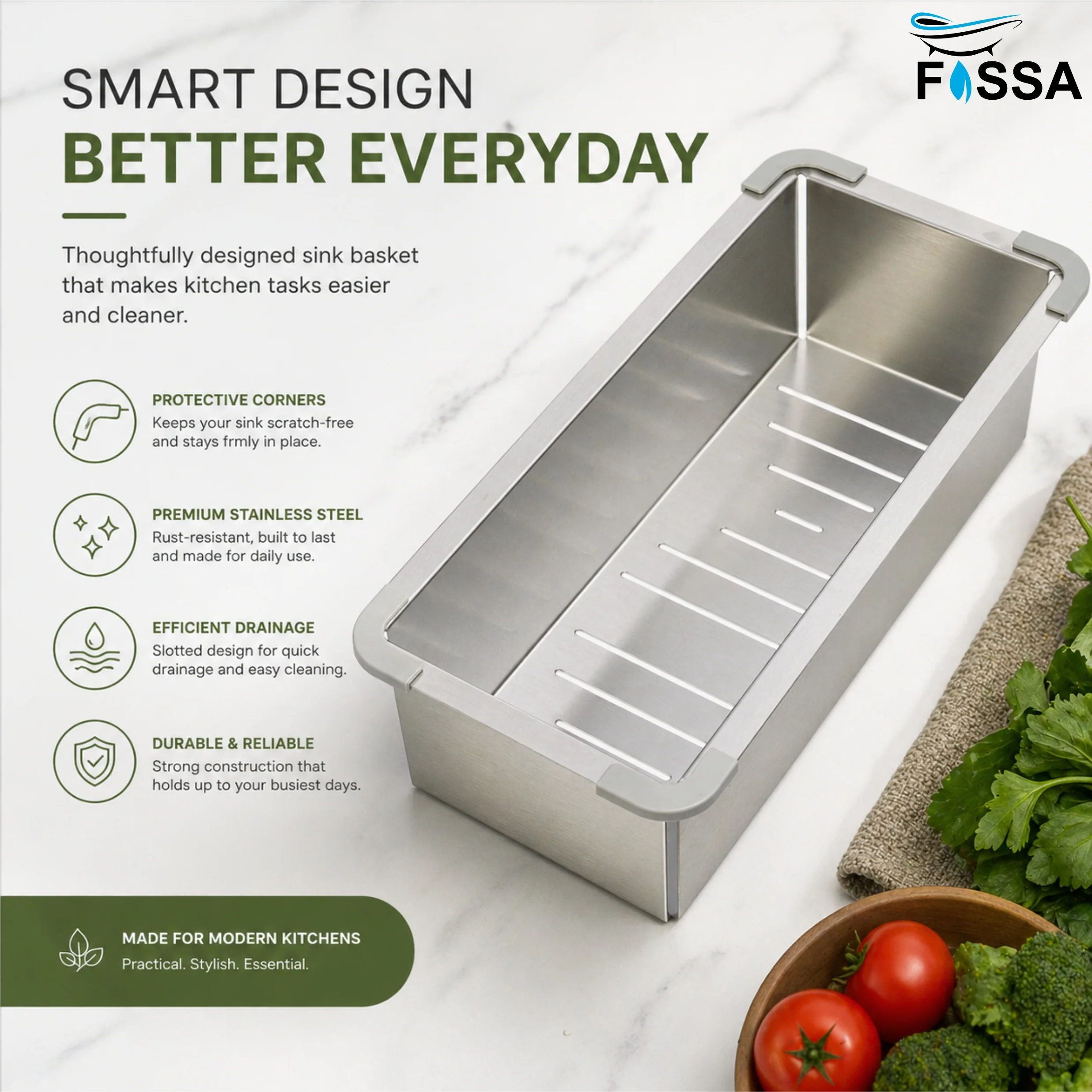 Fossa 19"x4" 304 Stainless Steel Handmade Colander for Single & Double Bowl Kitchen Sink - Matte Silver - Image 5