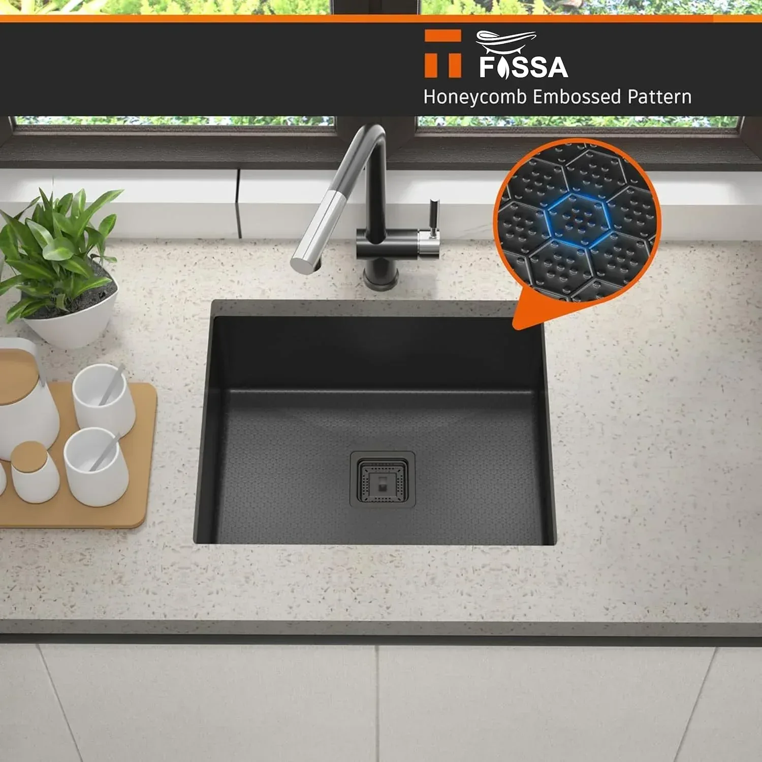 Honeycomb Embossed (21"x18"x09" ) Inch Single Bowl Black Kitchen Sink with Nano Coating - Image 5