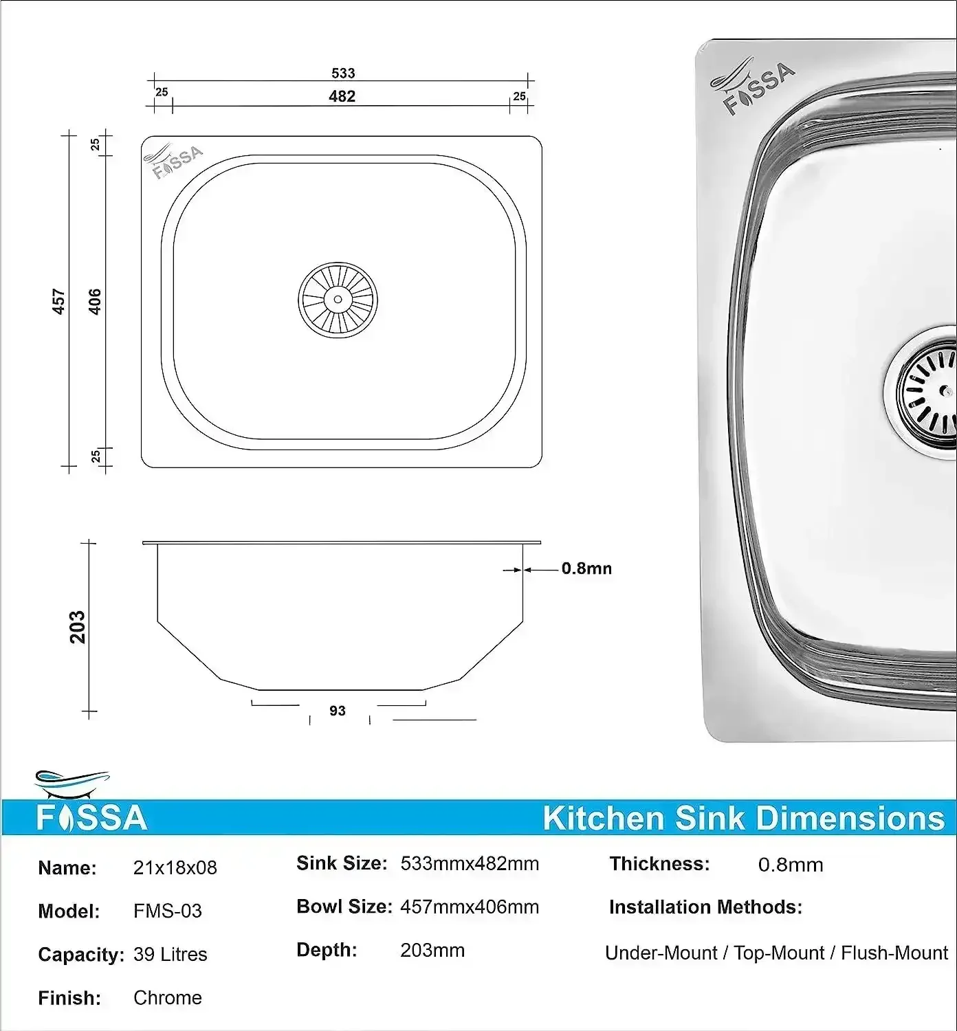 Premium Hydraulic (21"x18"x08") Single Bowl Indian Kitchen Sink Glossy Finish - Image 2