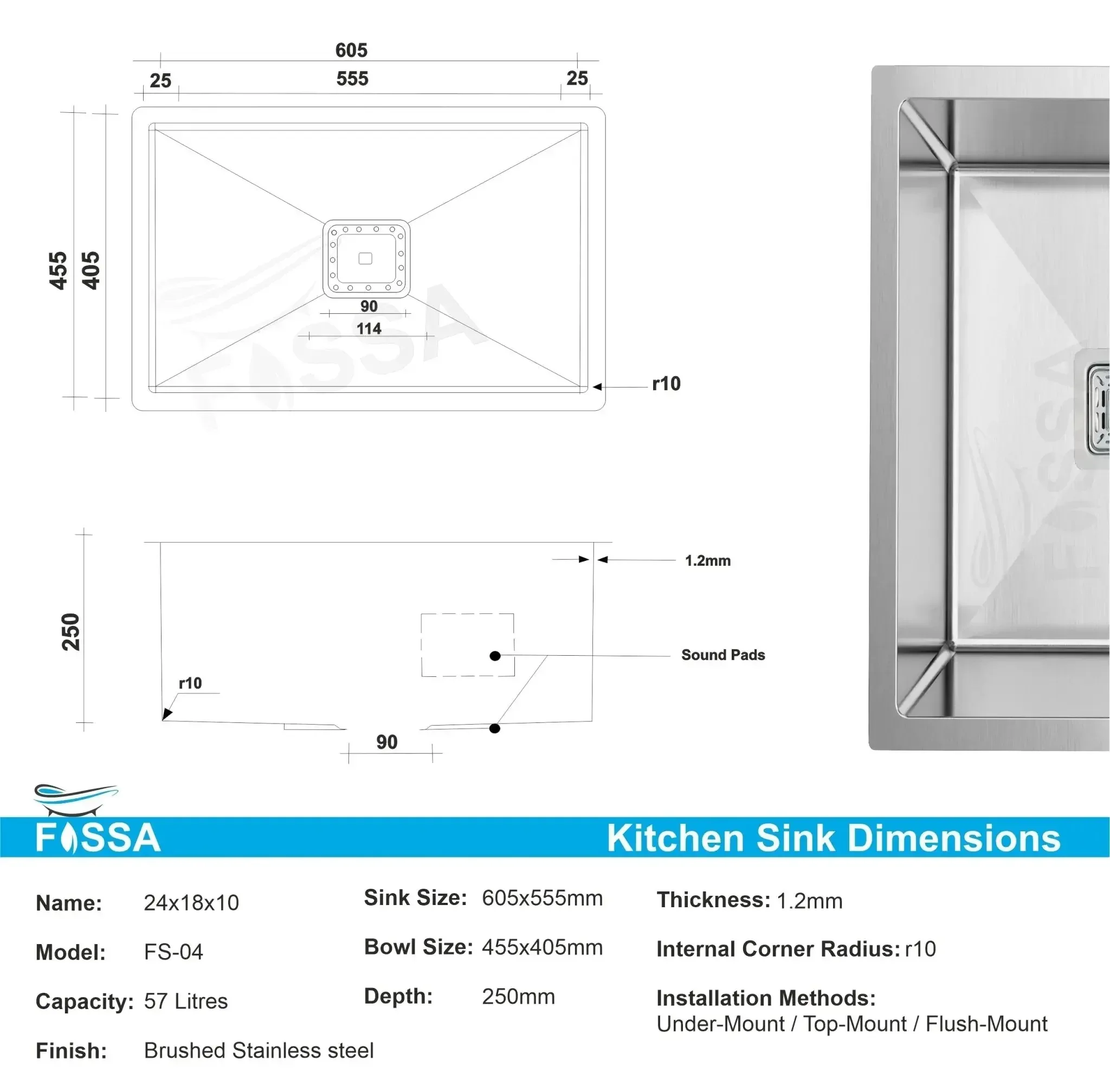 304 Handmade (24 x 18 x 10) Inch Stainless Steel Single Bowl Silver Kitchen Sink - Image 2