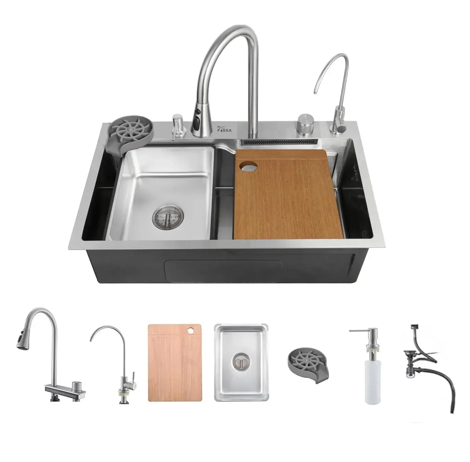 Smart Waterfall (24 x 18 x 9) Inch 304 Stainless Steel Kitchen Sink Silver