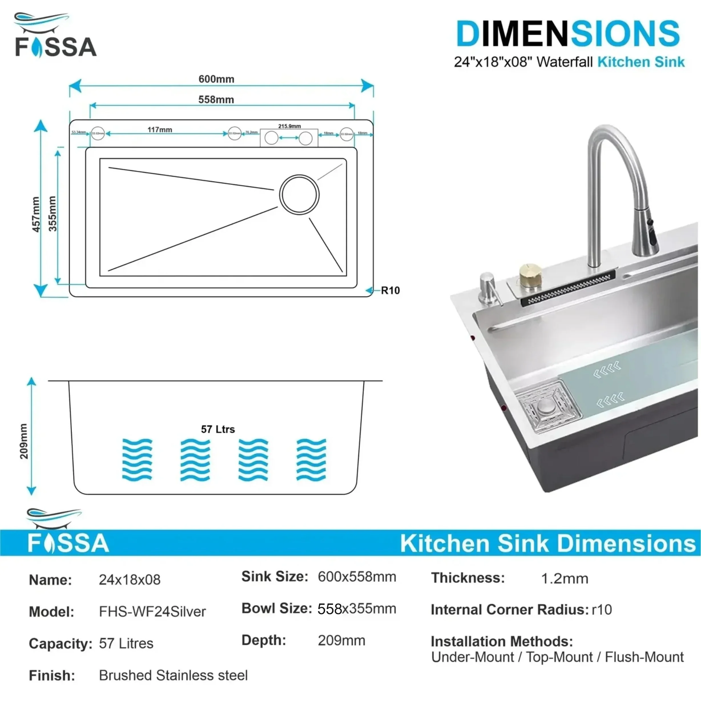 Smart Waterfall (24 x 18 x 9) Inch 304 Stainless Steel Kitchen Sink Silver - Image 2
