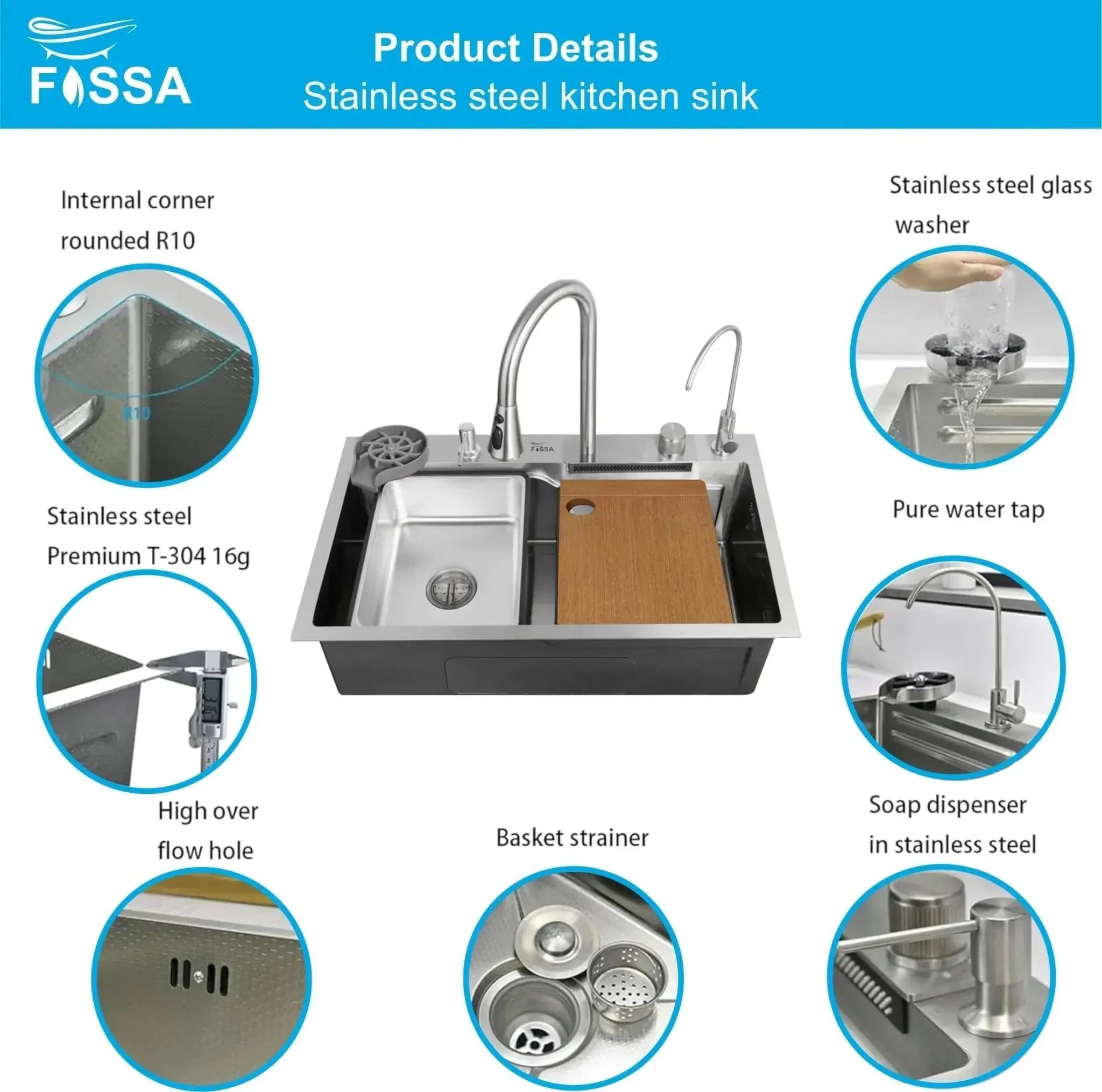 Smart Waterfall (24 x 18 x 9) Inch 304 Stainless Steel Kitchen Sink Silver - Image 5