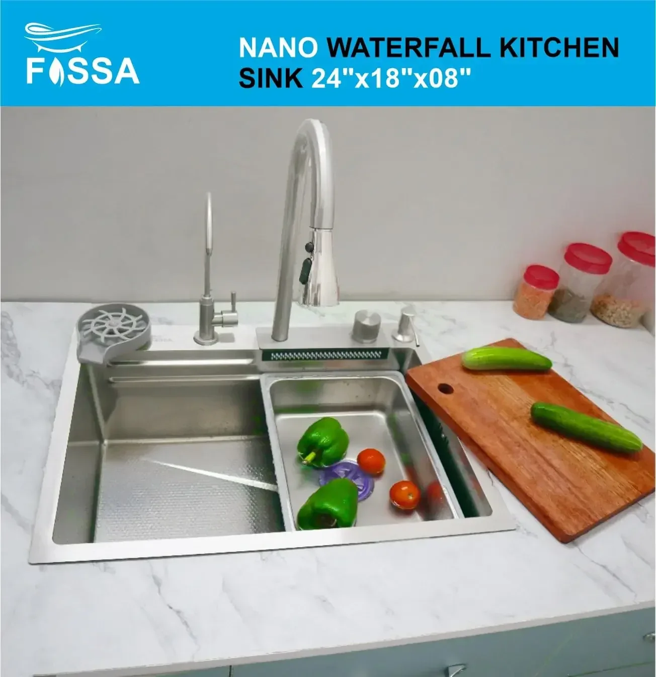 Smart Waterfall (24 x 18 x 9) Inch 304 Stainless Steel Kitchen Sink Silver - Image 8