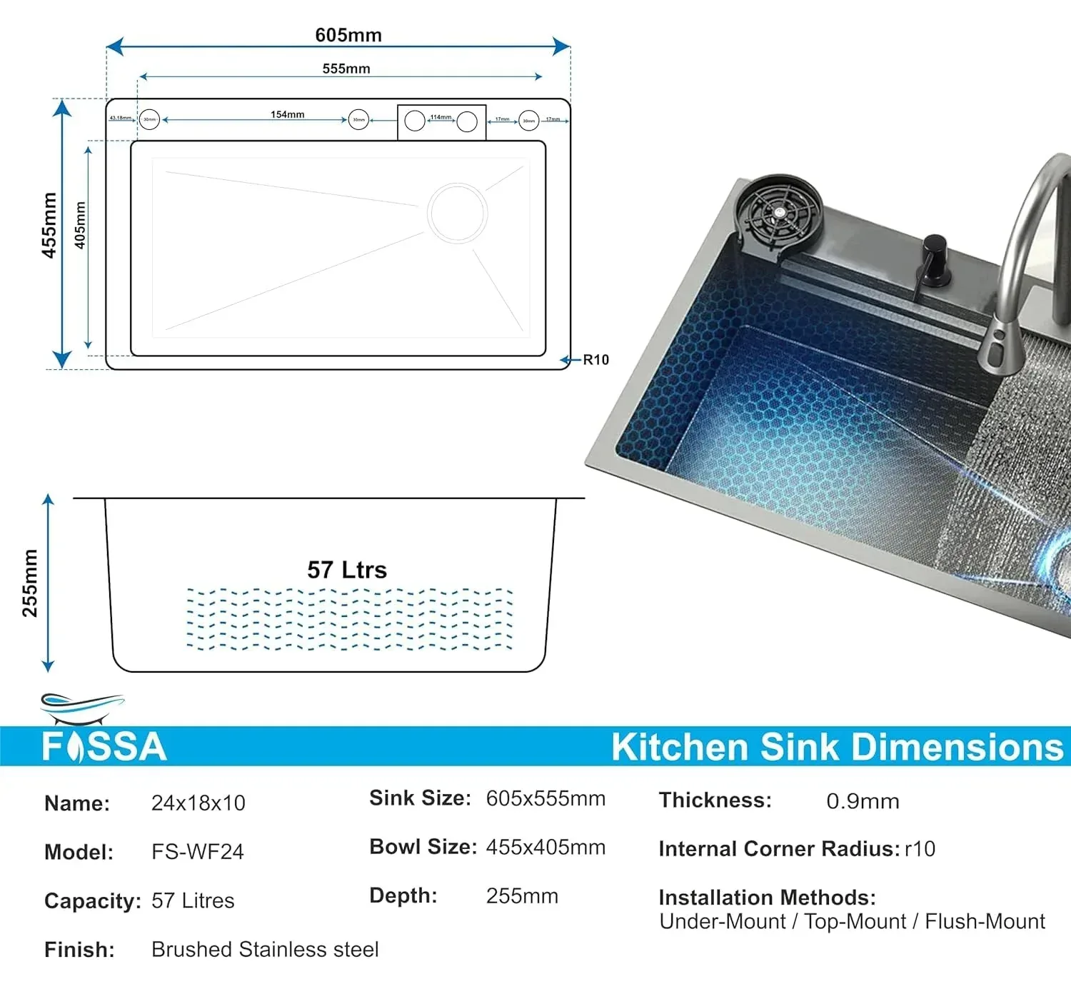 Smart Waterfall  (24 x 18 x 10) Inch Premium Stainless Steel Kitchen Sink Black - Image 2