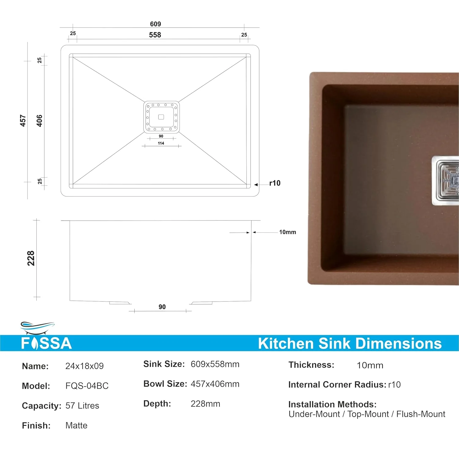 Quartz Kitchen Sink Single Bowl Brown (24×18x9 Inches) – 10-Year Warranty - Image 2