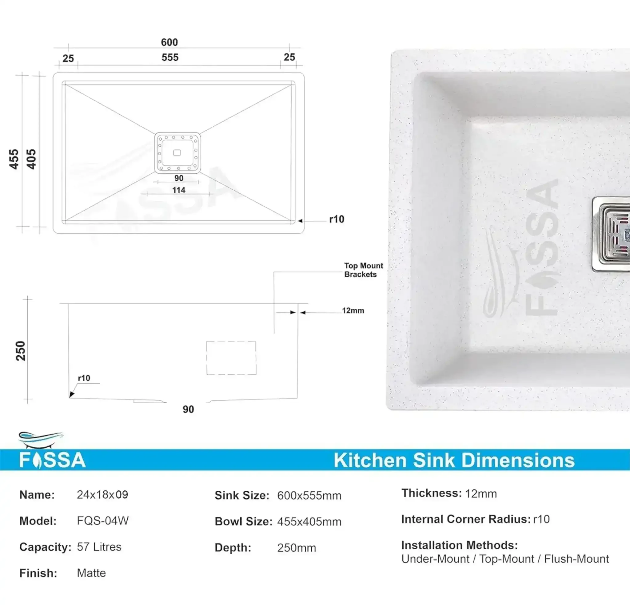Quartz Kitchen Sink Single Bowl White  (24×18x9 Inches) – 10-Year Warranty - Image 2