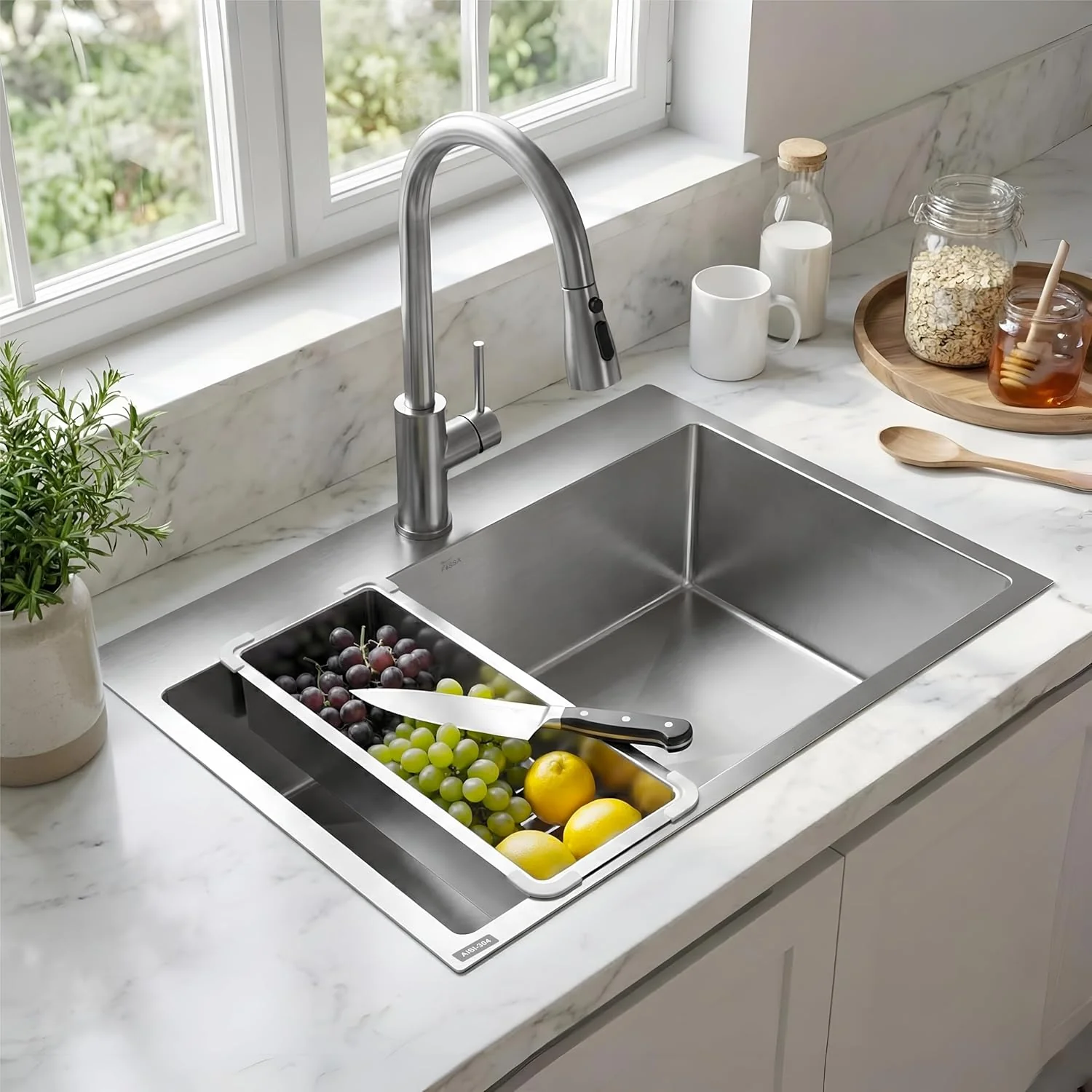Aqua 304 Handmade (24 x 18 x 09 ) Inch SS Single Bowl Tap Hole Square Coupling Silver Kitchen Sink