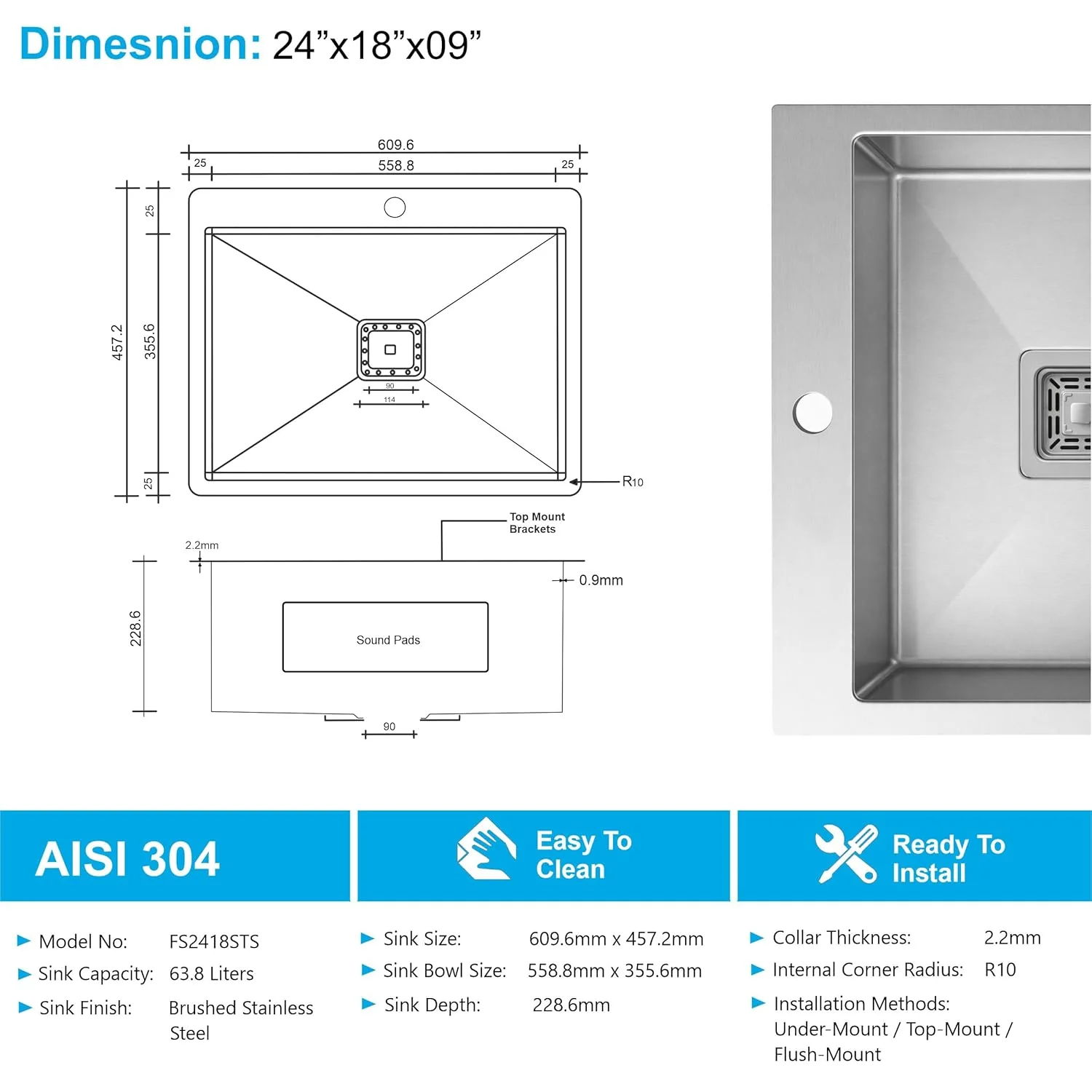 Aqua 304 Handmade (24 x 18 x 09 ) Inch SS Single Bowl Tap Hole Square Coupling Silver Kitchen Sink - Image 2