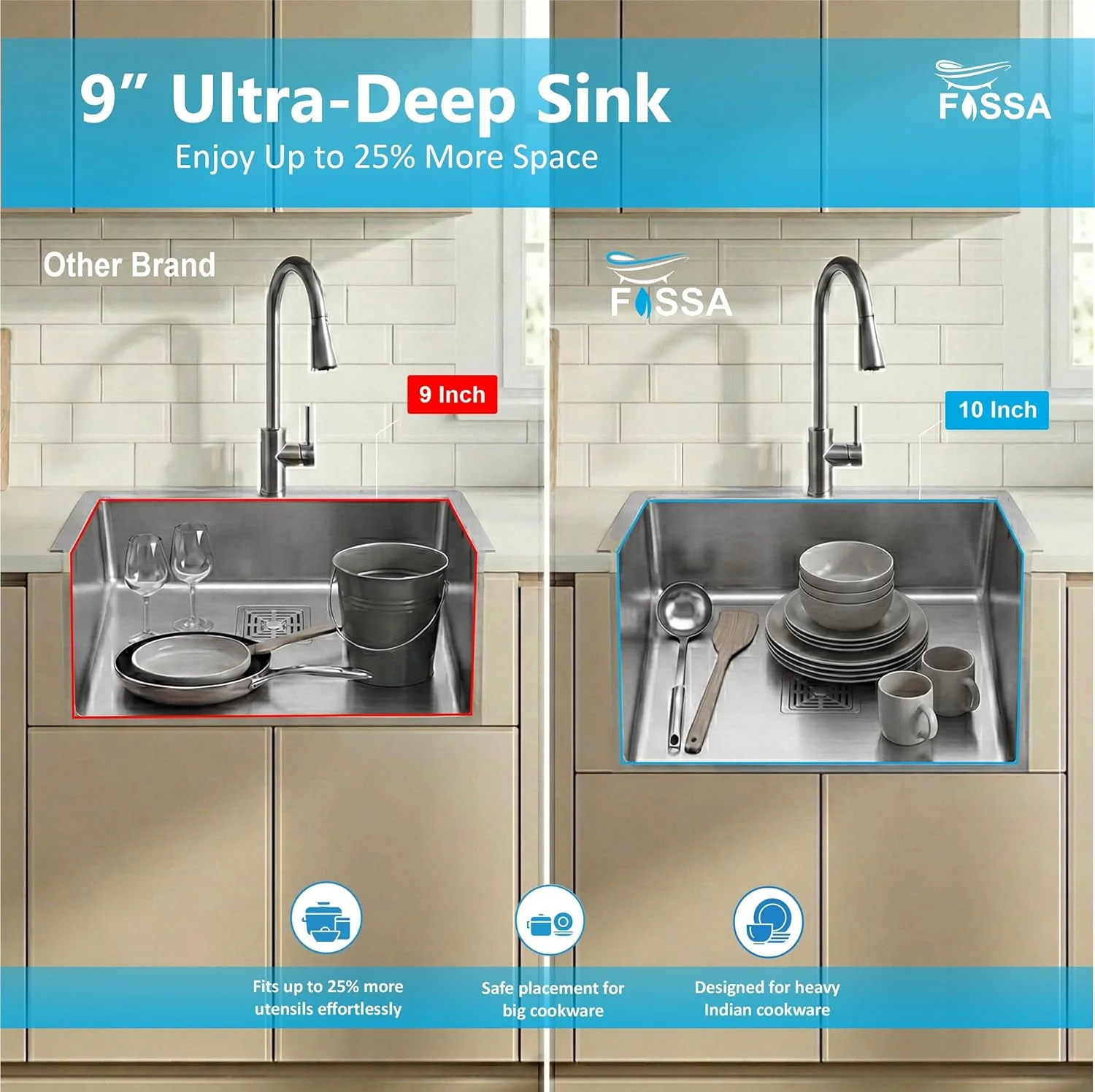 Aqua 304 Handmade (24 x 18 x 09 ) Inch SS Single Bowl Tap Hole Square Coupling Silver Kitchen Sink - Image 6