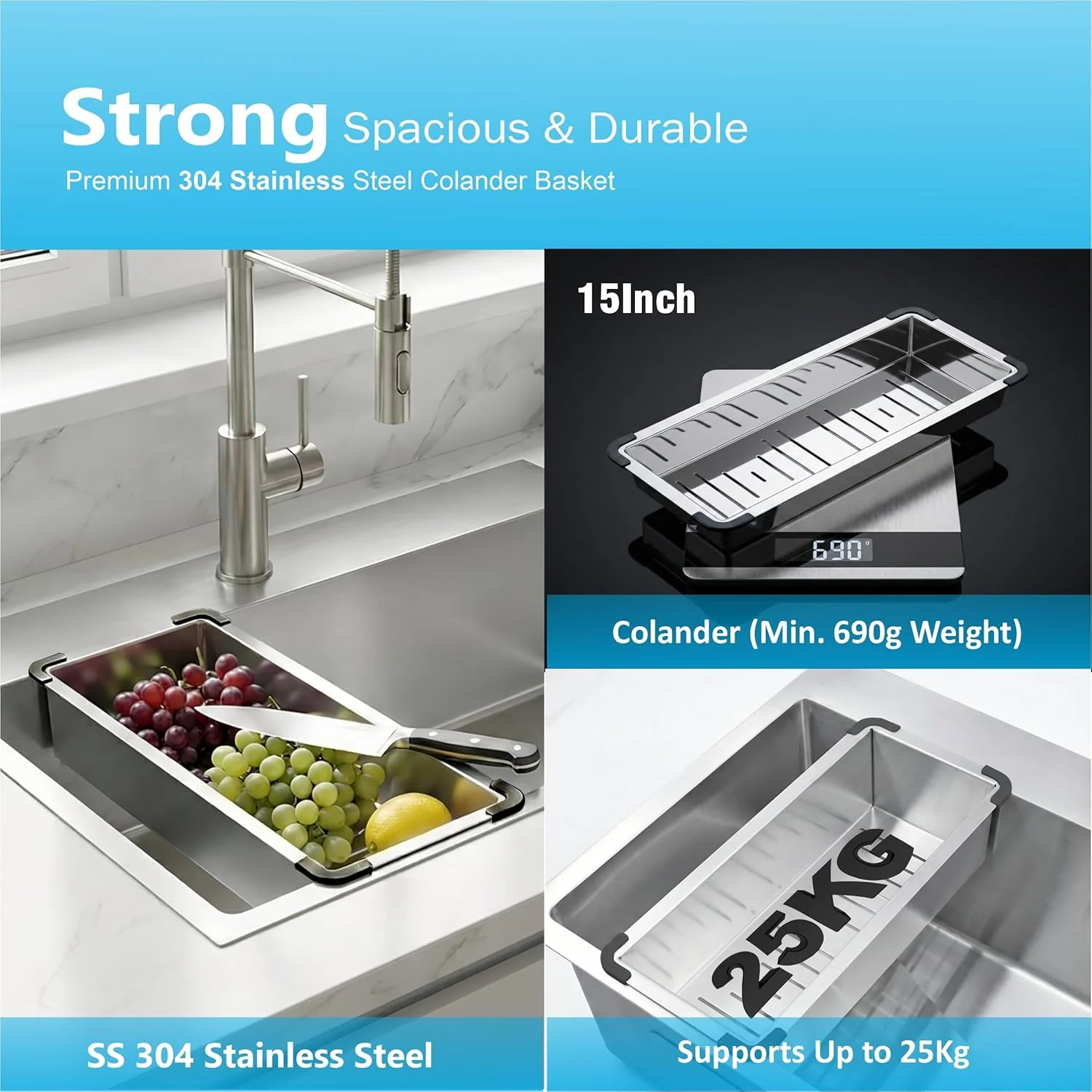 Aqua 304 Handmade (24 x 18 x 09 ) Inch SS Single Bowl Tap Hole Square Coupling Silver Kitchen Sink - Image 8