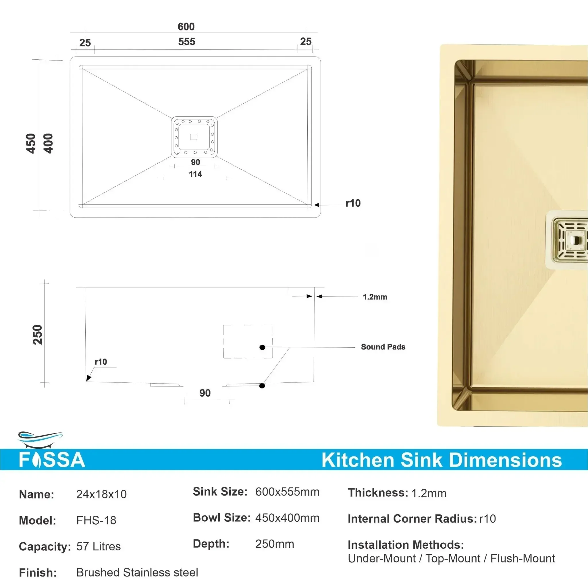 304 Handmade (24 x 18 x 10) Inch Stainless Steel Single Bowl Gold Kitchen Sink - Image 2