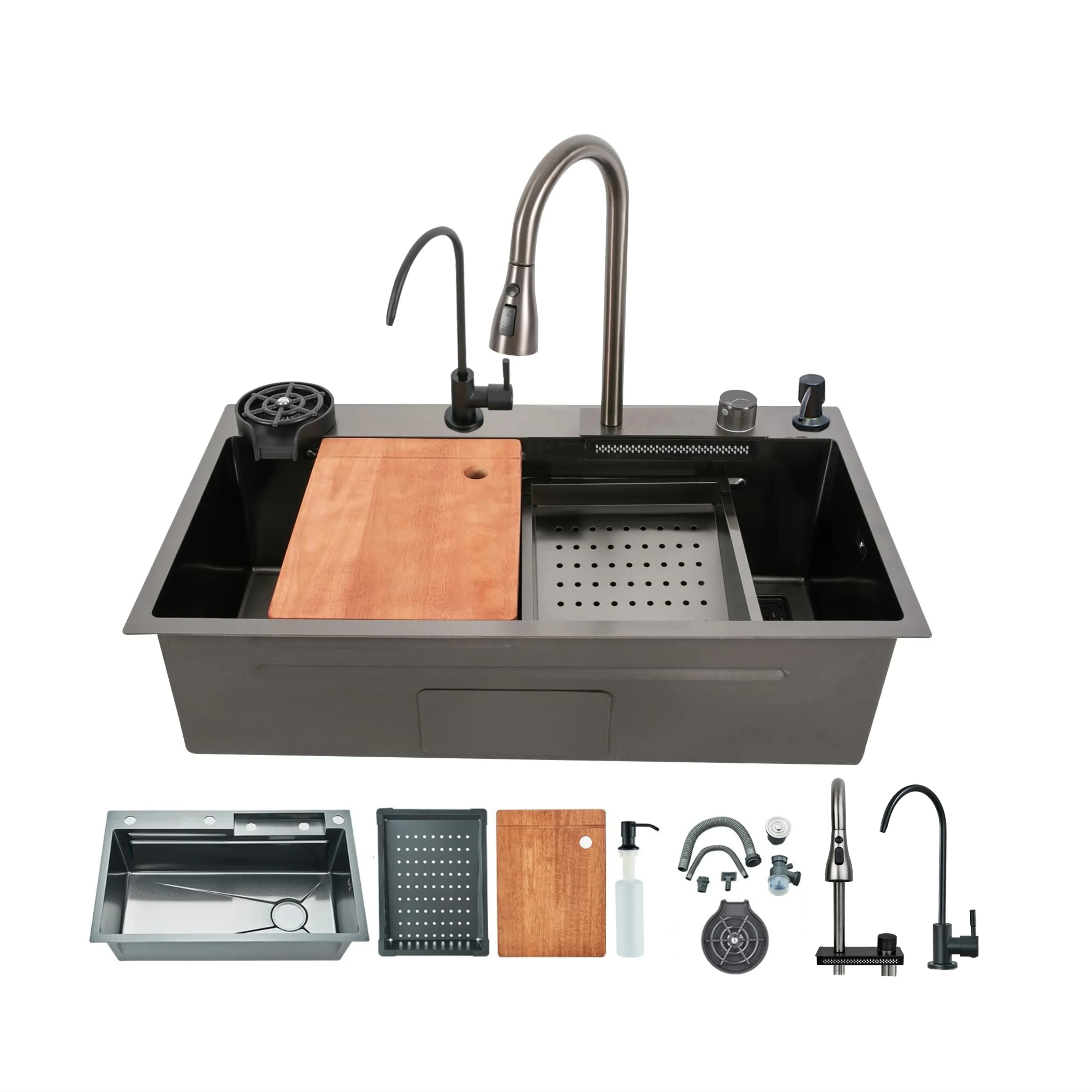Smart Waterfall (24 x 18 x 10 ) 304 Stainless Steel Kitchen Sink Black