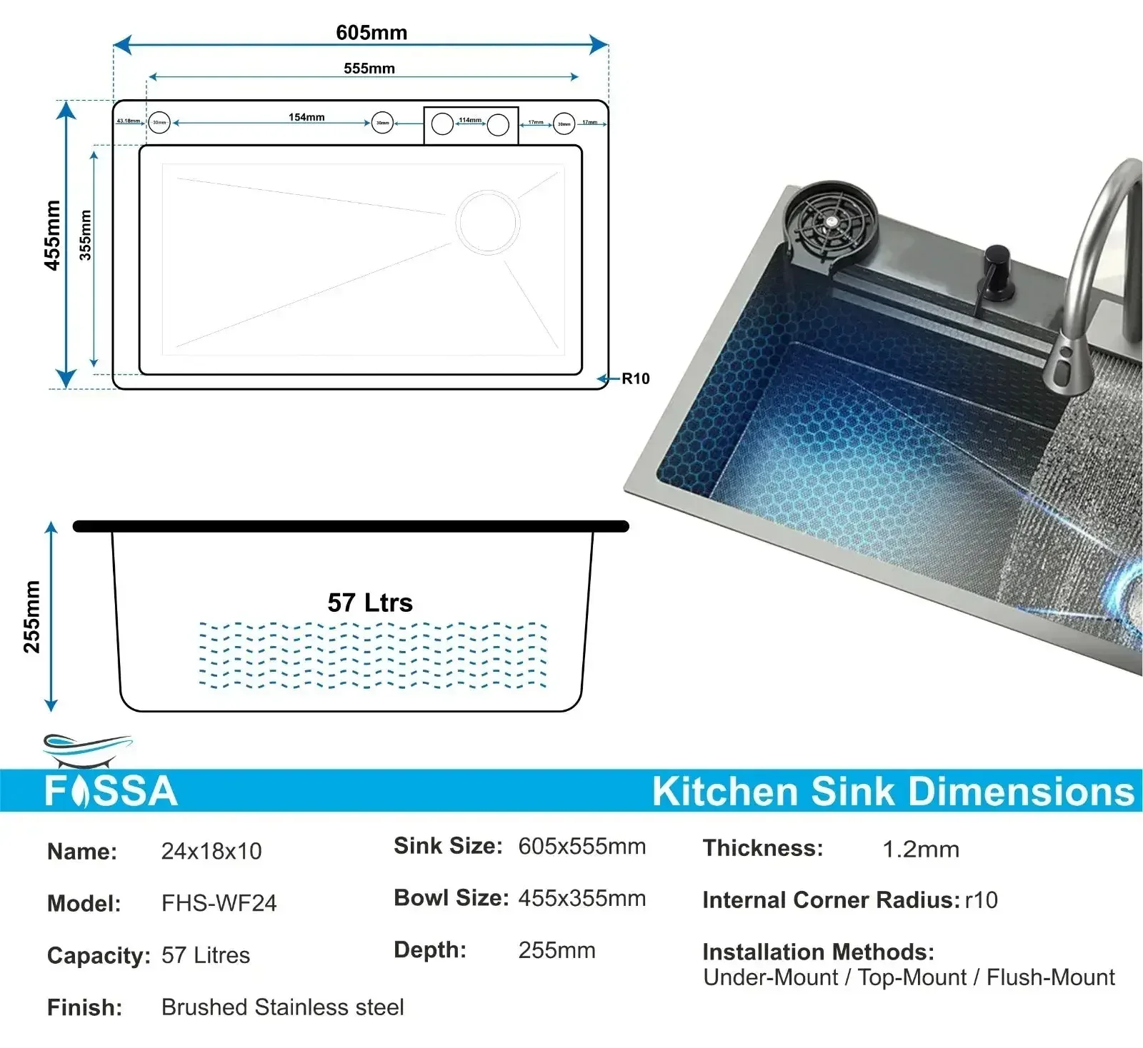 Smart Waterfall (24 x 18 x 10 ) 304 Stainless Steel Kitchen Sink Black - Image 2