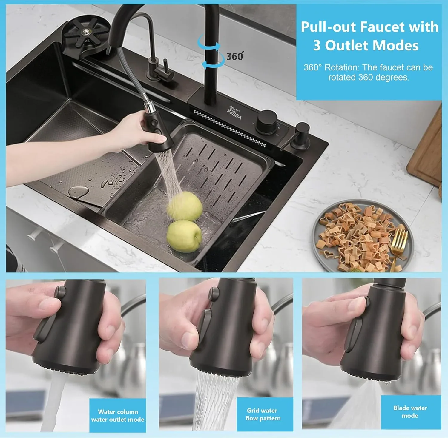 Smart Waterfall (24 x 18 x 10 ) 304 Stainless Steel Kitchen Sink Black - Image 3
