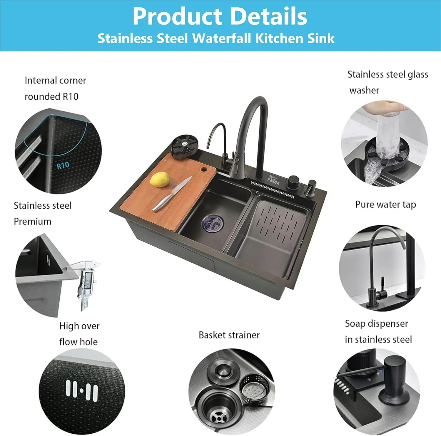 Smart Waterfall (24 x 18 x 10 ) 304 Stainless Steel Kitchen Sink Black - Image 8