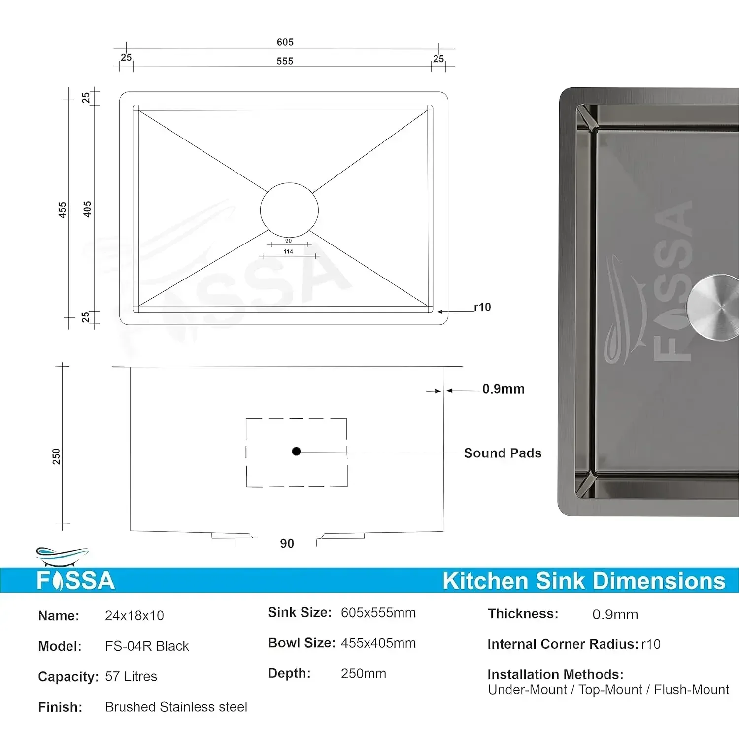 Premium Handmade  (24 x 18 x 10) Inch Stainless Steel Single Bowl Black Kitchen Sink - Image 2