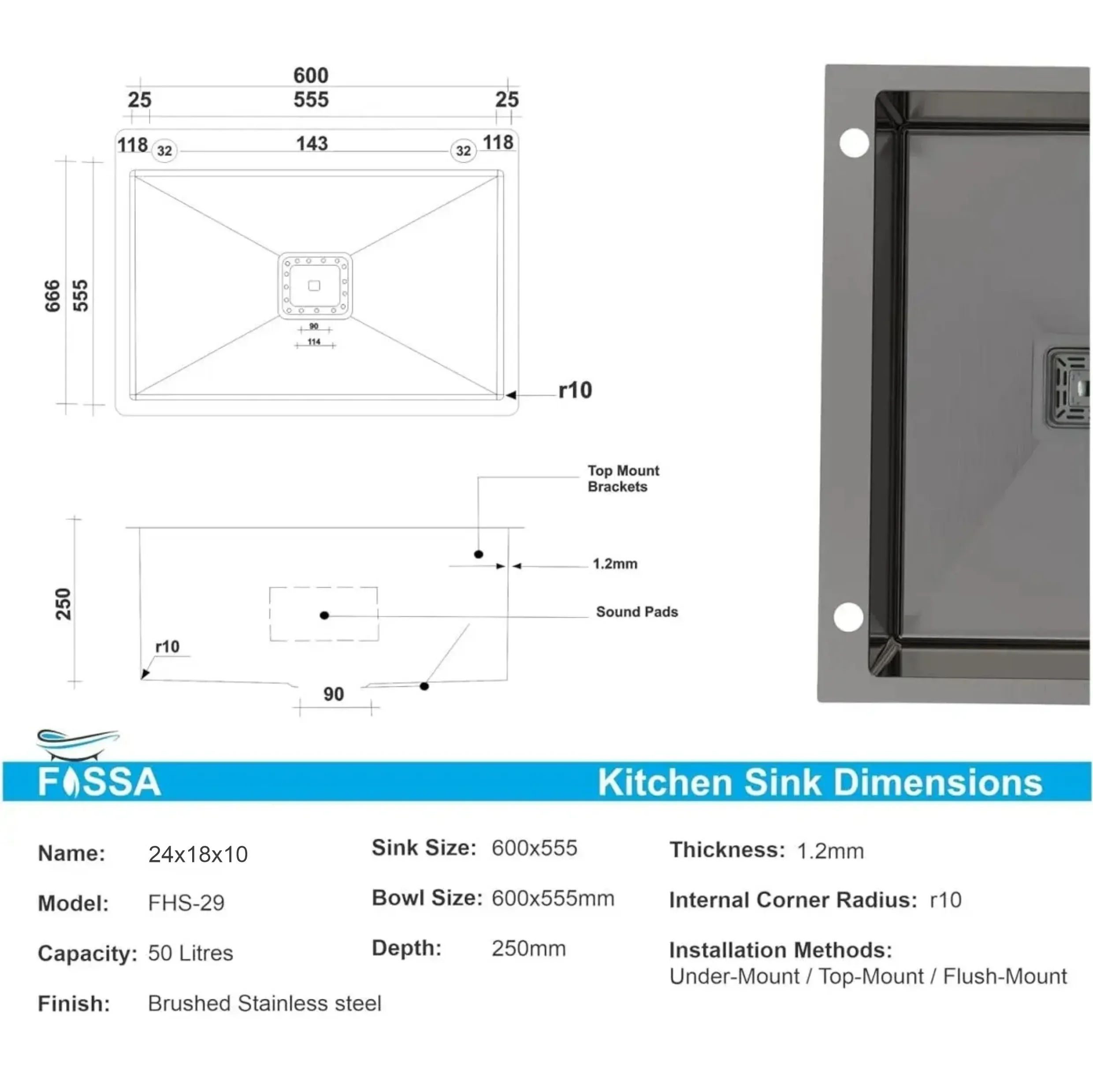 304 Handmade  (24 x 18 x 10) Inch Single Bowl Black  with Side Tap Hole Stainless Steel Kitchen Sink - Image 2