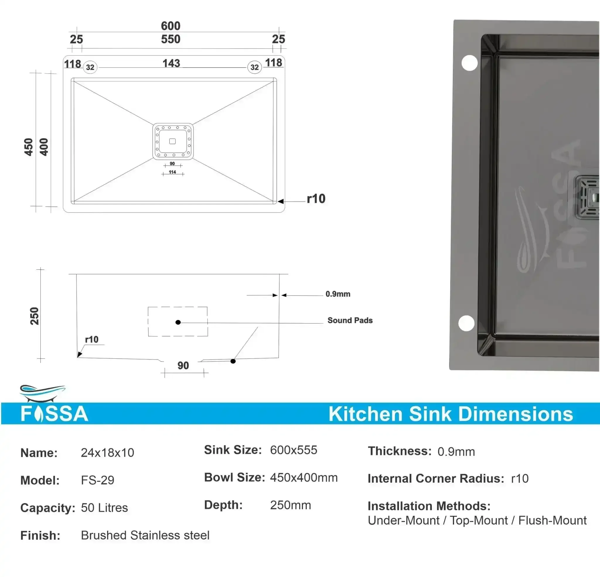 Premium Handmade (24 x 18 x 10) Inch Single Bowl Black with Side Tap Hole Stainless Steel Kitchen Sink - Image 2