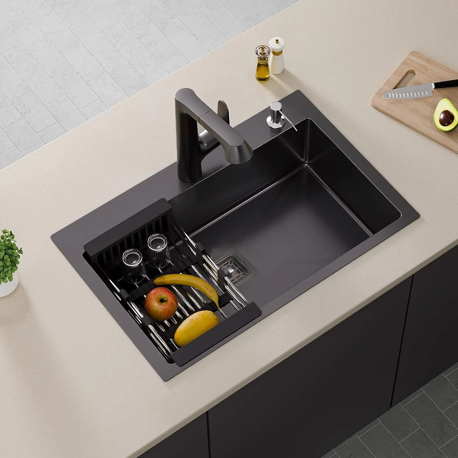 304 Handmade (24 x 18 x 10) Inch Single Bowl Black with Tap Hole Stainless Steel Kitchen Sink - Image 3