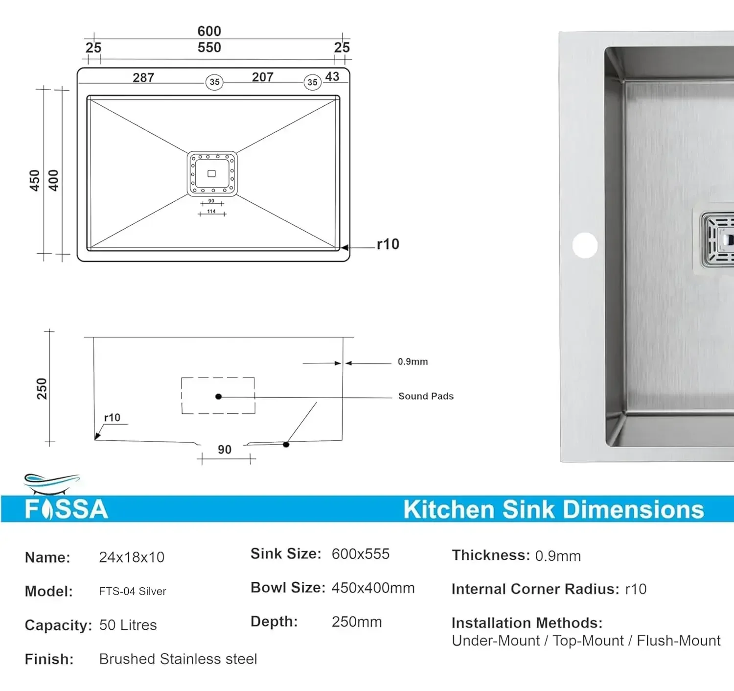 Premium Handmade (24 x 18 x 10) Inch Single Bowl  Silver with Tap Hole Stainless Steel Kitchen Sink - Image 2