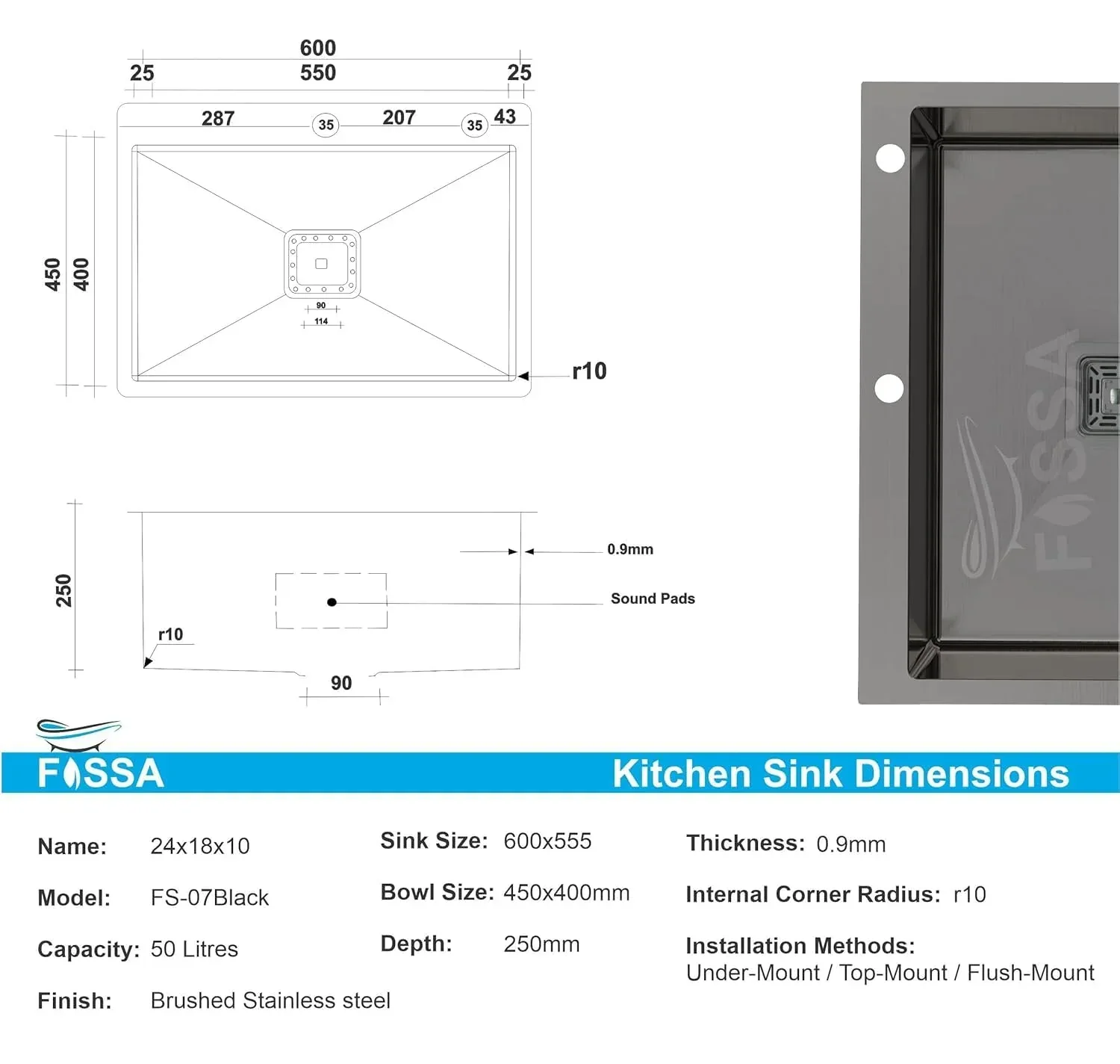 Premium Handmade (24 x 18 x 10) Inch  Single Bowl with Tap Hole Black Stainless Steel Kitchen Sink - Image 2