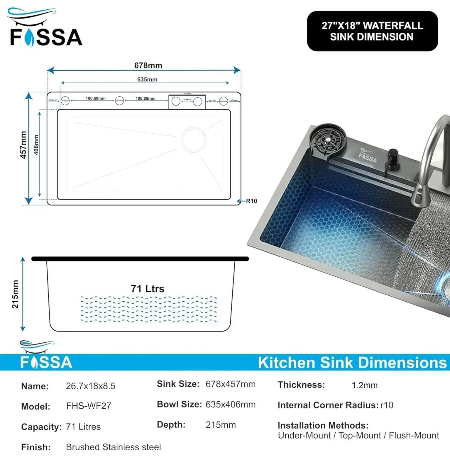 Smart Waterfall (27 x 18 x 10) Inch 304 Stainless Steel Kitchen Sink Black - Image 2