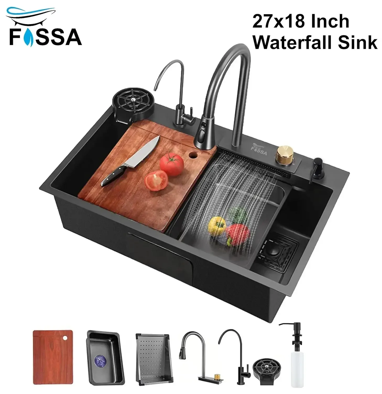 Smart Waterfall (27 x 18 x 10) Inch 304 Stainless Steel Kitchen Sink Black - Image 9