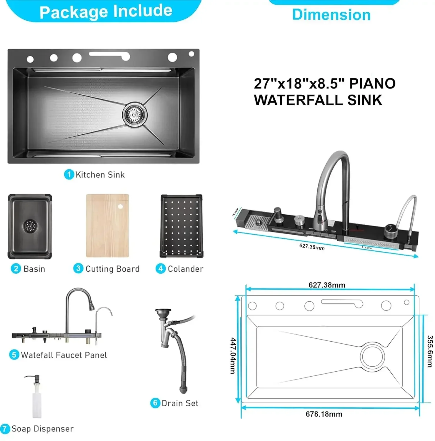 (27"x18"X09") Inch Black 304 Piano Smart Kitchen Sink - Image 2