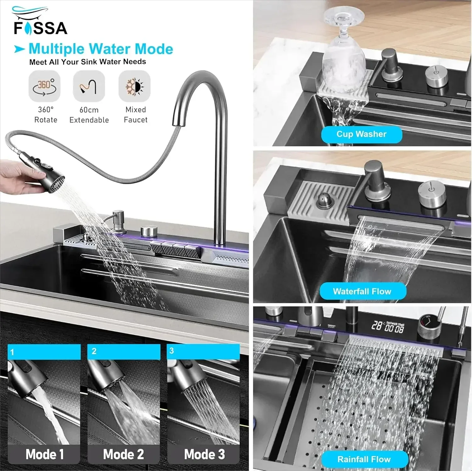 (27"x18"X09") Inch Black 304 Piano Smart Kitchen Sink - Image 3