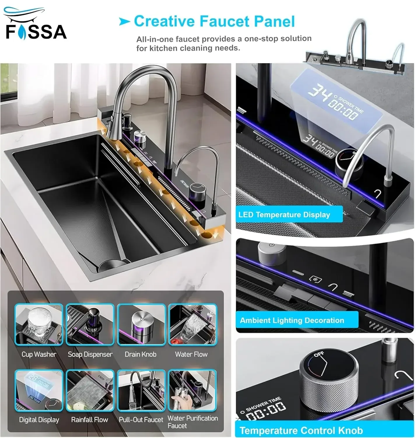 (27"x18"X09") Inch Black 304 Piano Smart Kitchen Sink - Image 5