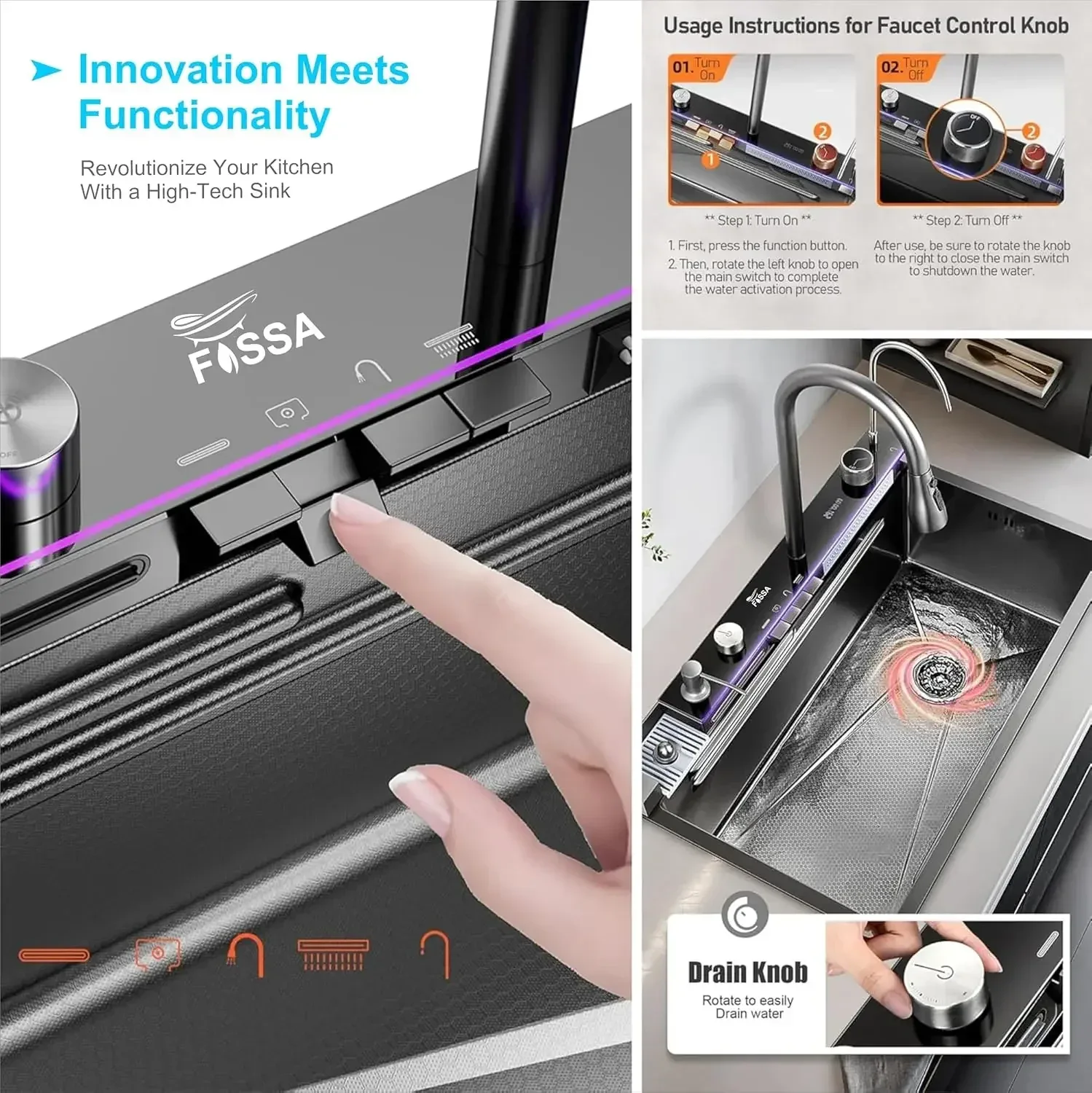 (27 x 18 x 9) Inch Black Premium Piano Smart Kitchen Sink - Image 6