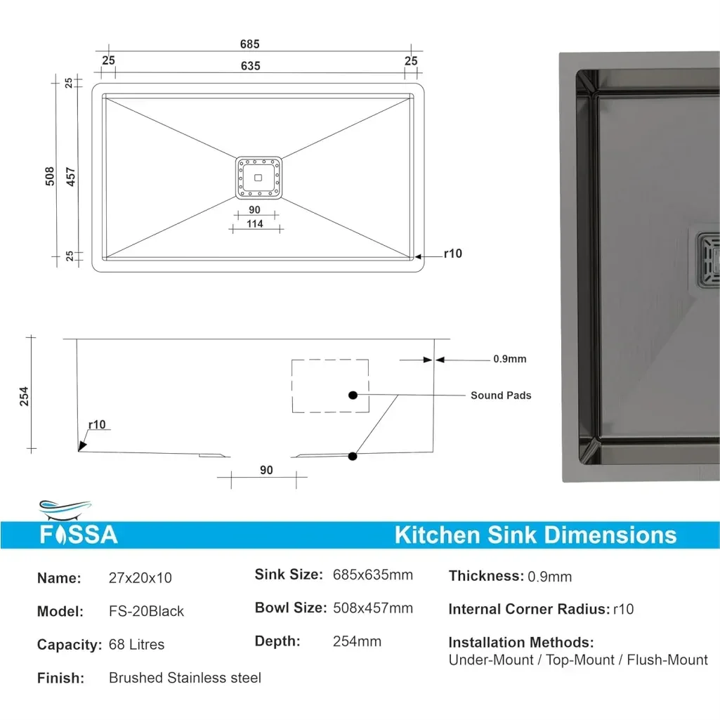 Premium Handmade  (27 x 20 x 10)  Inch Stainless Steel Single Bowl  Black Kitchen Sink - Image 2